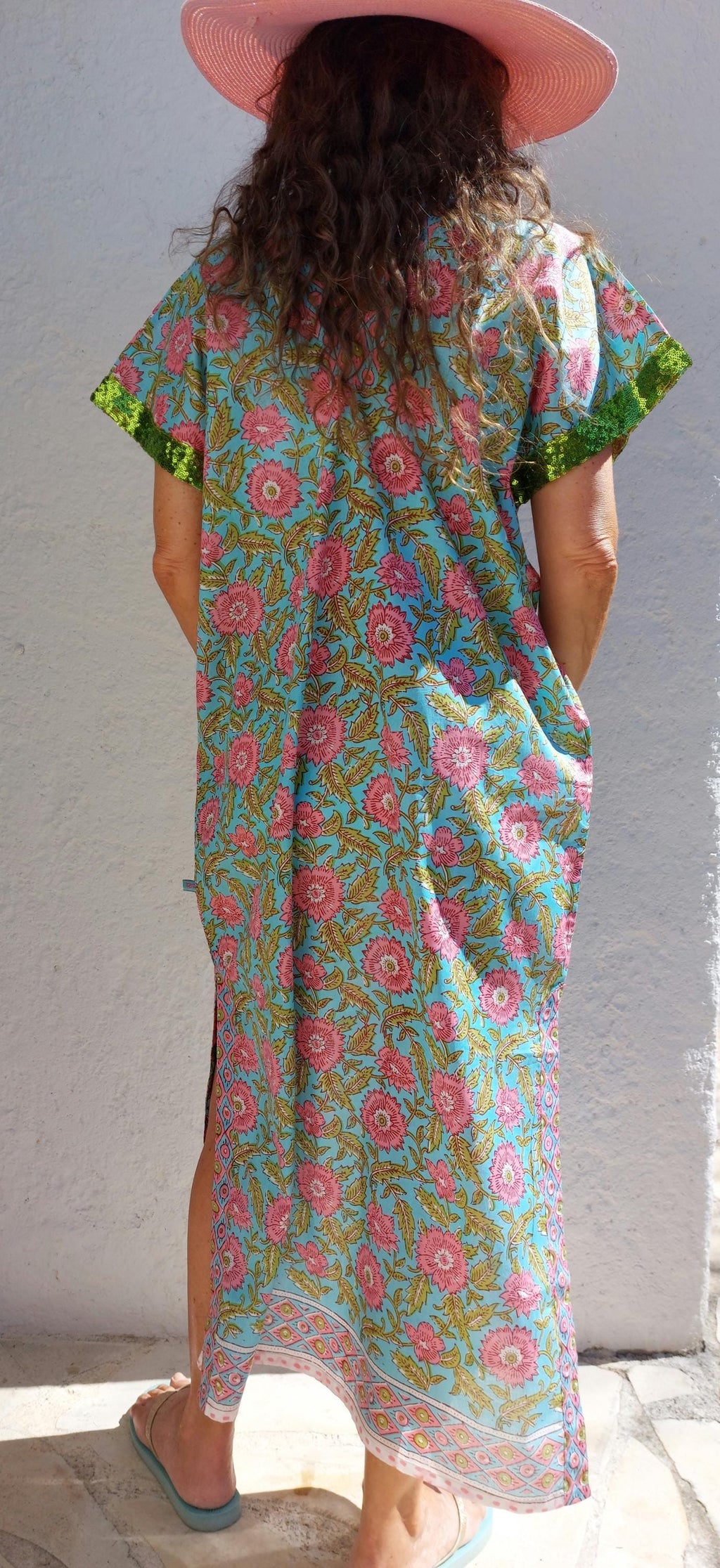 long caftan in soft cotton, turquoise pink floral pattern