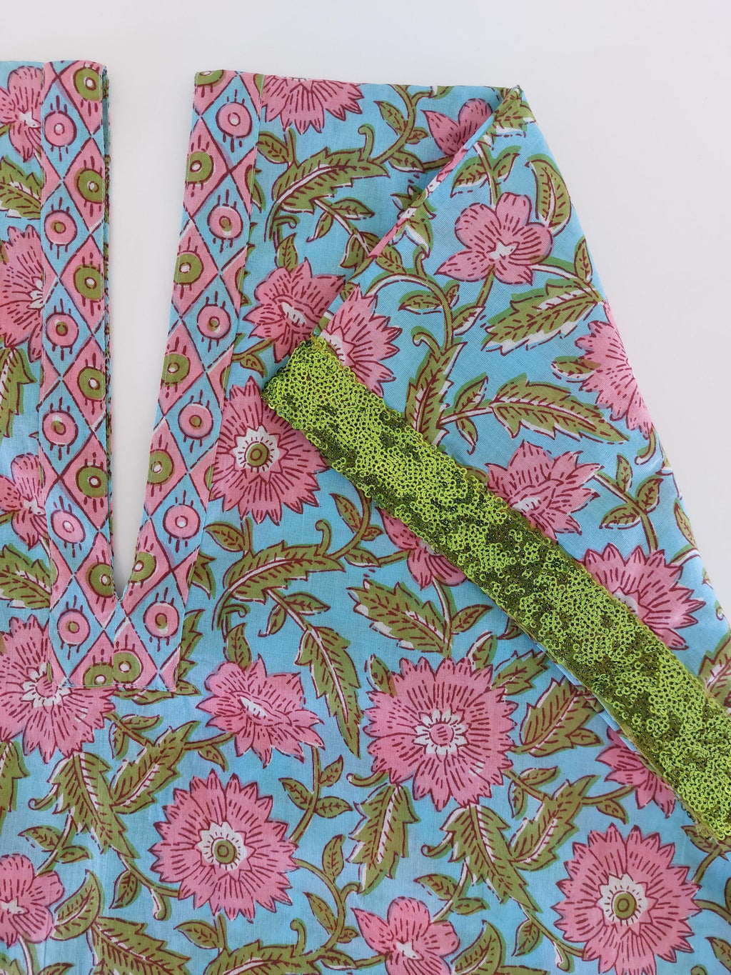 long caftan in soft cotton, turquoise pink floral pattern