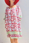 oversize tunic in soft cotton,red-green floral pattern