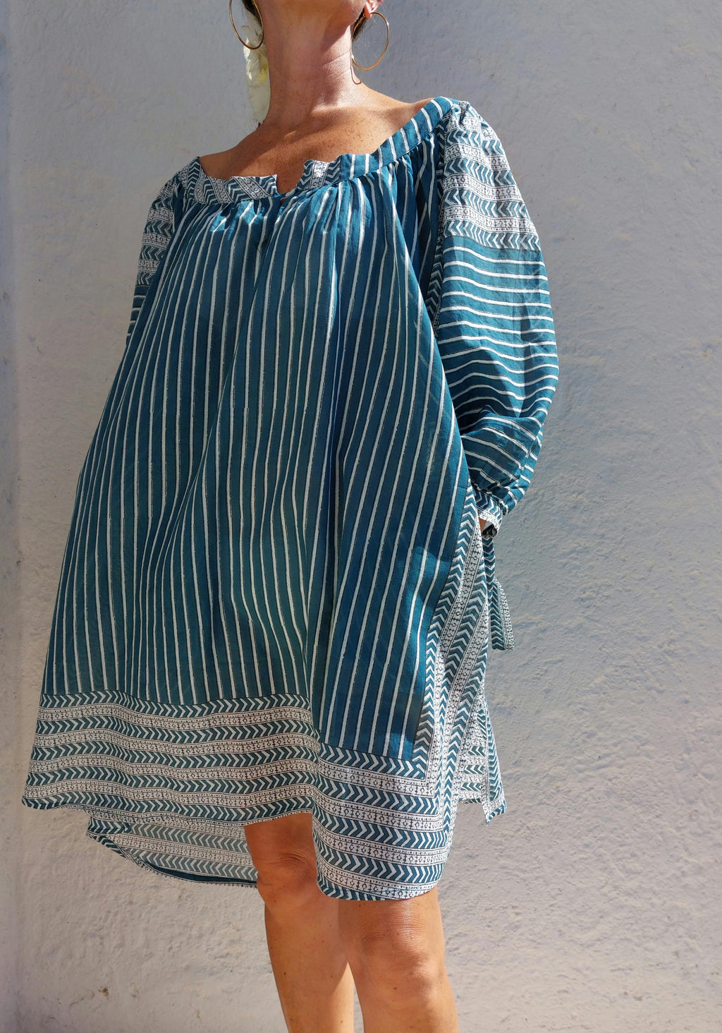 oversize tunic in soft cotton,peacock color stripes pattern