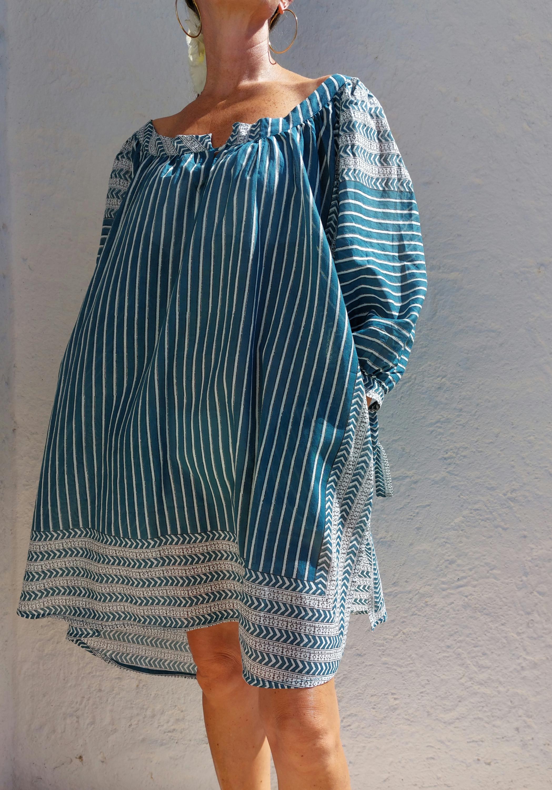 oversize tunic in soft cotton,peacock color stripes pattern