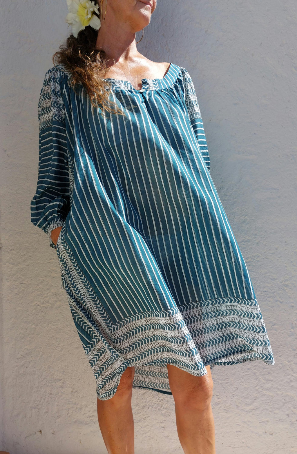 oversize tunic in soft cotton,peacock color stripes pattern