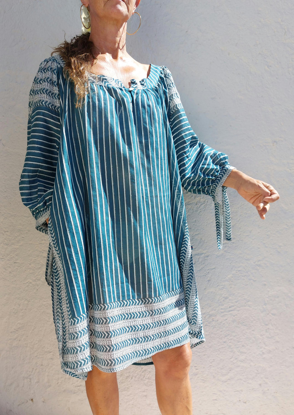 oversize tunic in soft cotton,peacock color stripes pattern