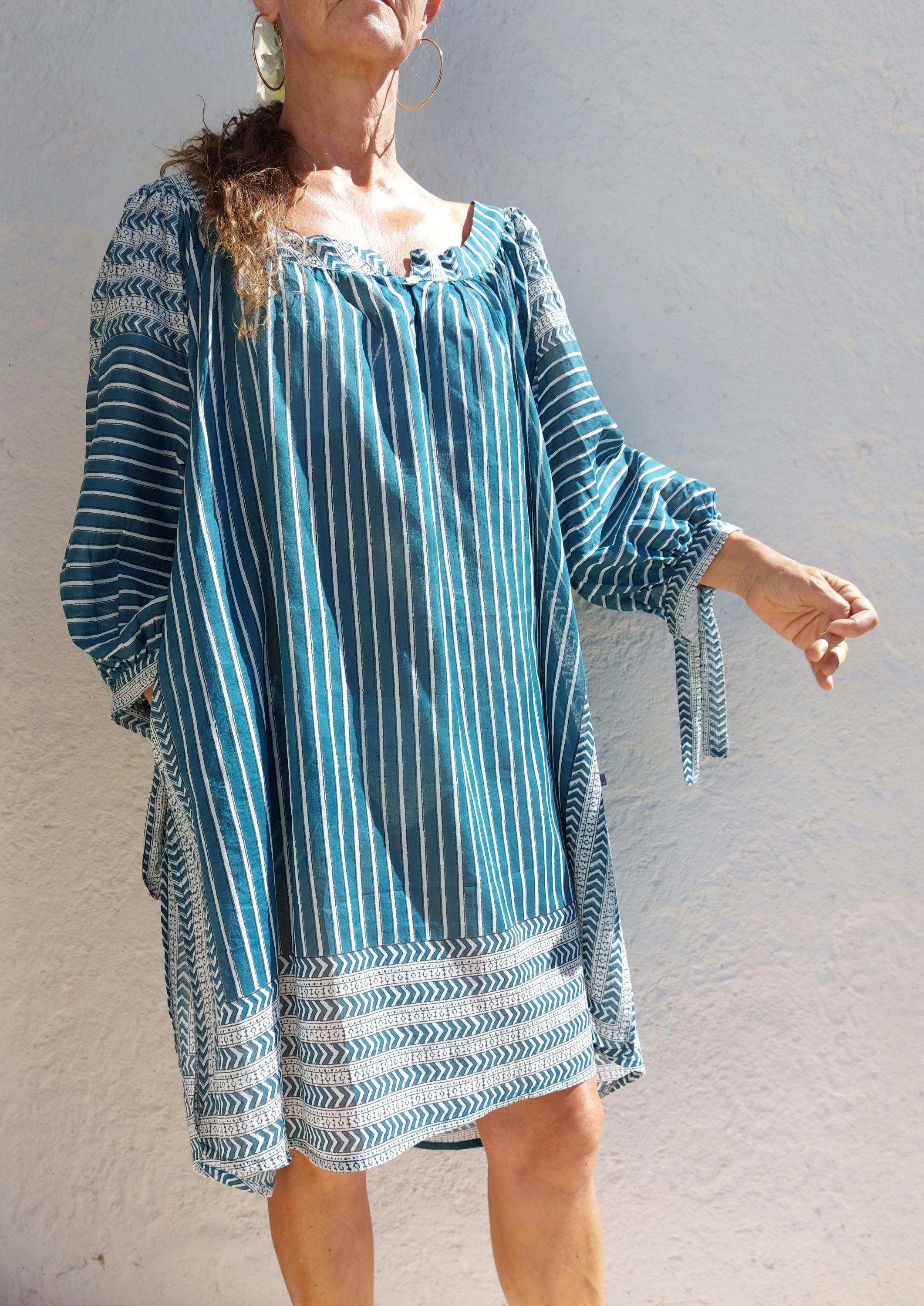 oversize tunic in soft cotton,peacock color stripes pattern