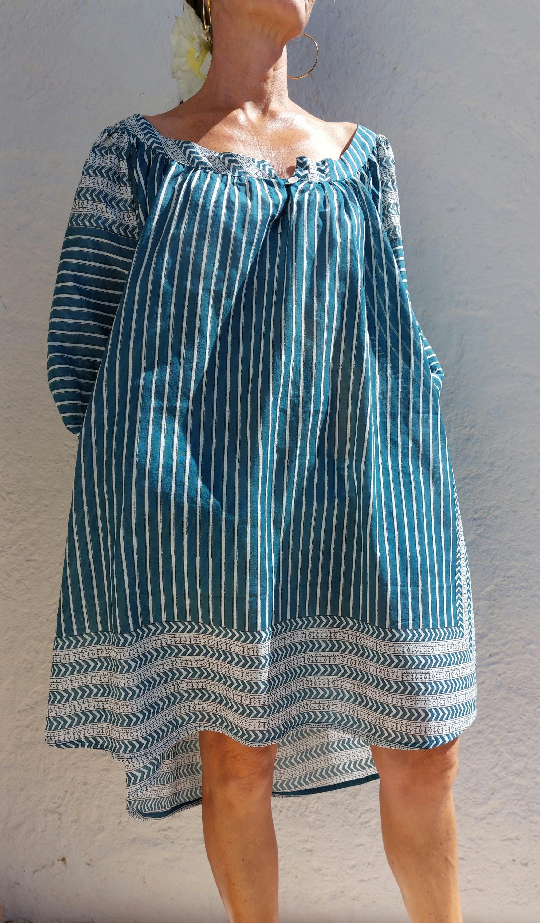 oversize tunic in soft cotton,peacock color stripes pattern