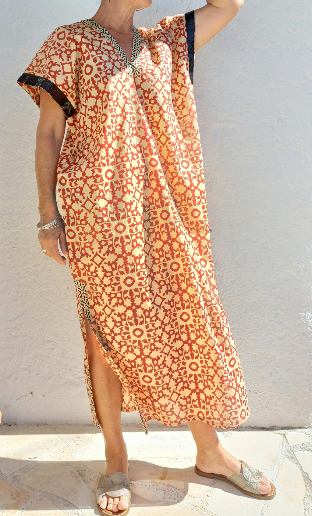 long cover-up in soft cotton, beige-rusty mosaic pattern