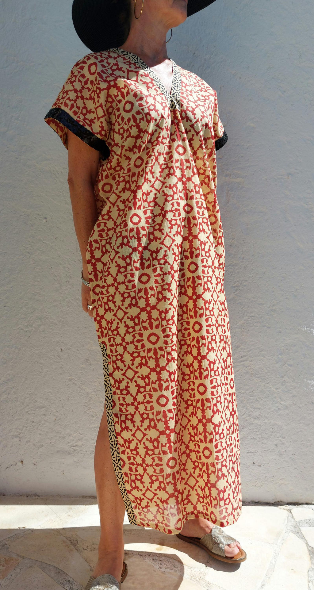 long cover-up in soft cotton, beige-rusty mosaic pattern