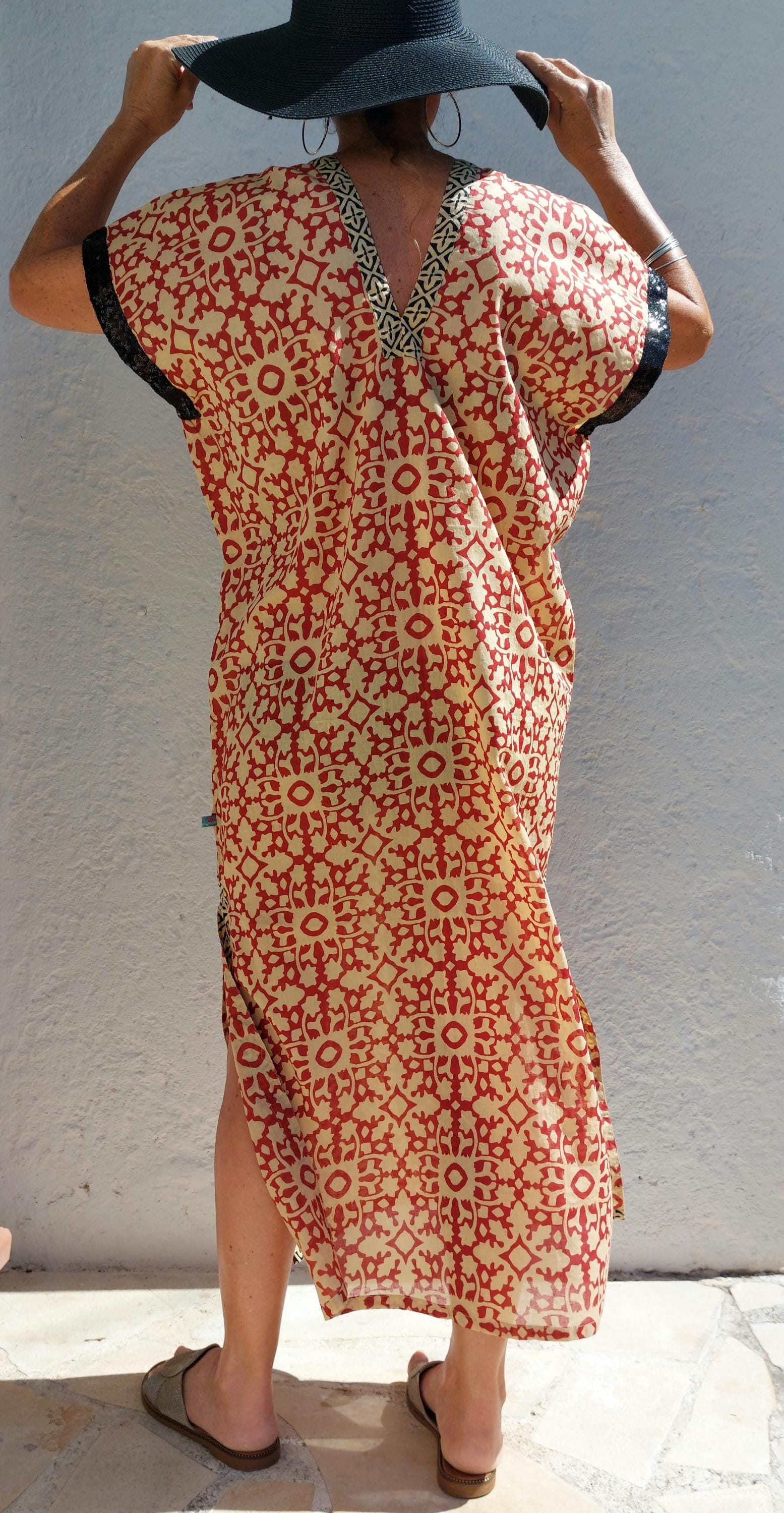 long cover-up in soft cotton, beige-rusty mosaic pattern