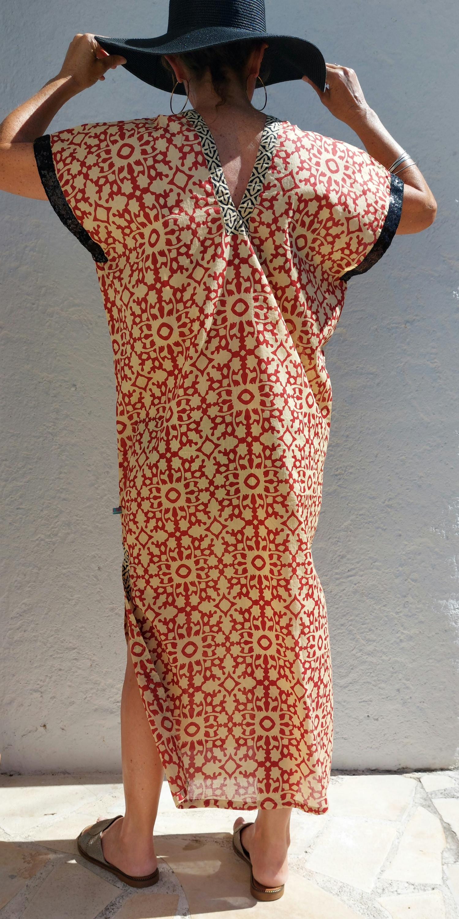 long cover-up in soft cotton, beige-rusty mosaic pattern