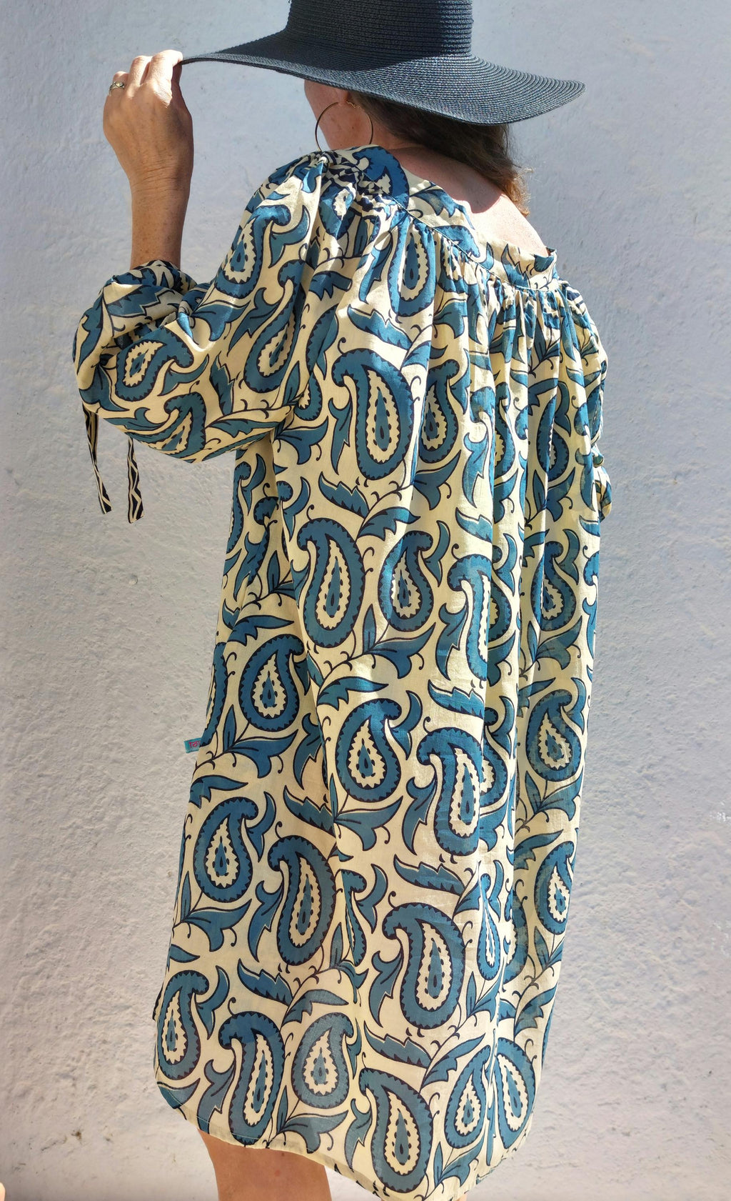 oversize tunic in soft cotton,beige blue paisley pattern