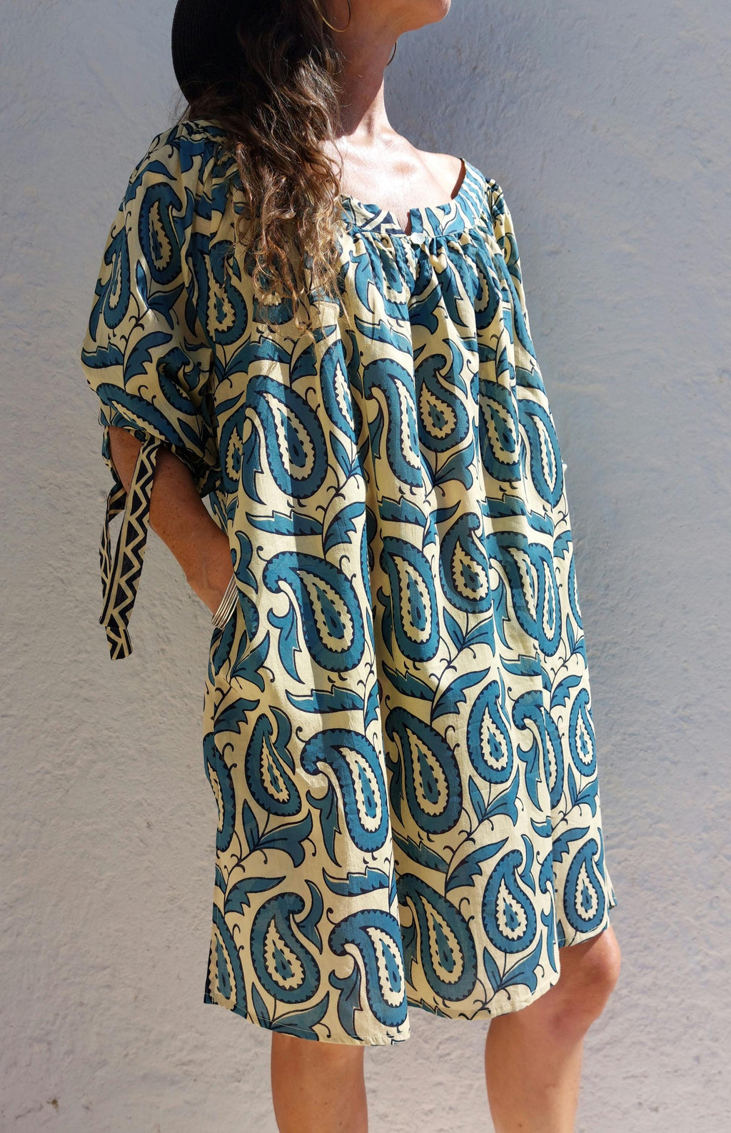 oversize tunic in soft cotton,beige blue paisley pattern