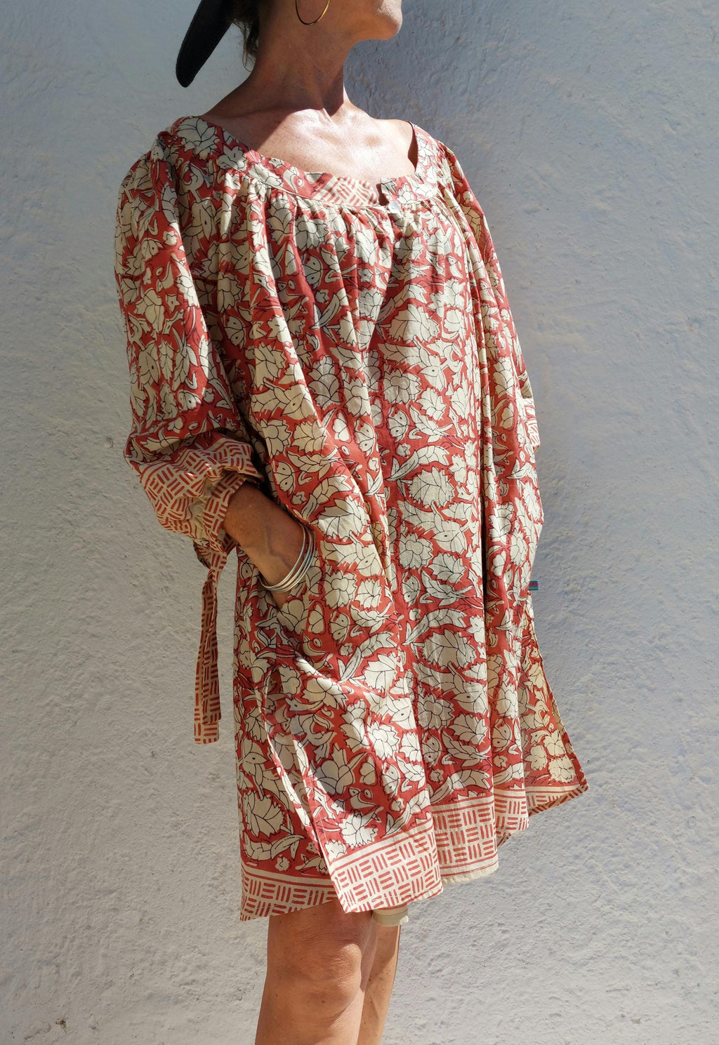 oversize tunic in soft cotton,beige rusty floral pattern