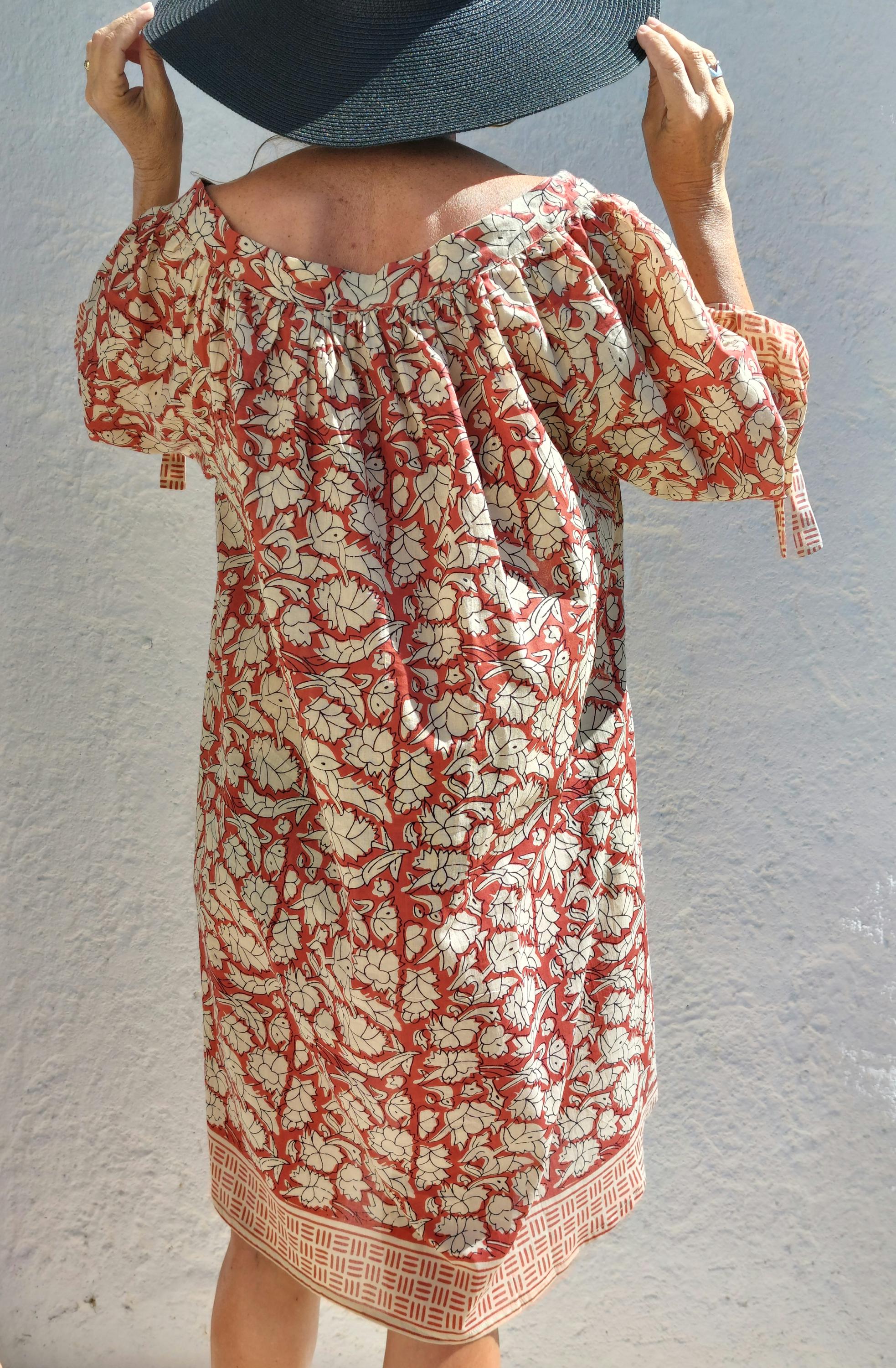 oversize tunic in soft cotton,beige rusty floral pattern