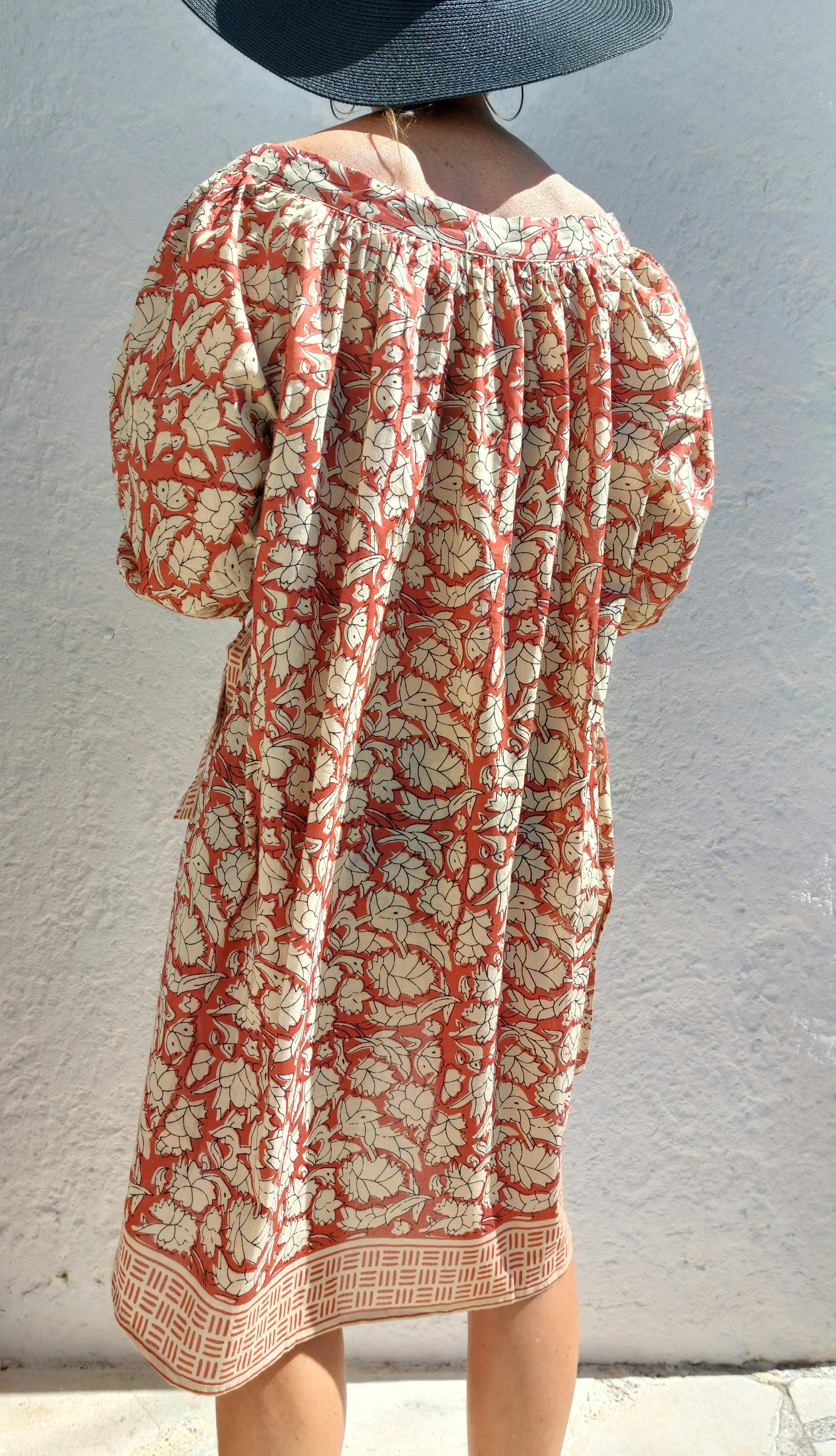 oversize tunic in soft cotton,beige rusty floral pattern