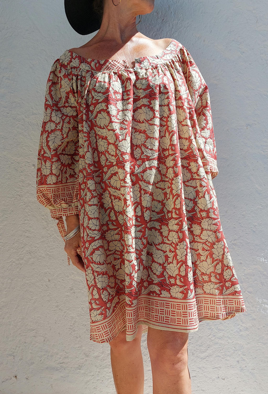 oversize tunic in soft cotton,beige rusty floral pattern
