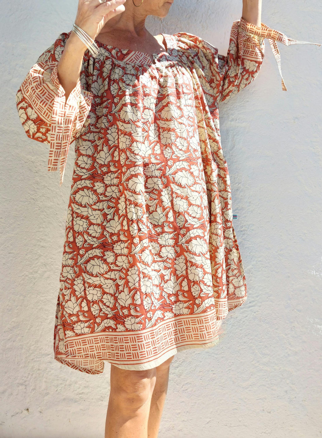 oversize tunic in soft cotton,beige rusty floral pattern
