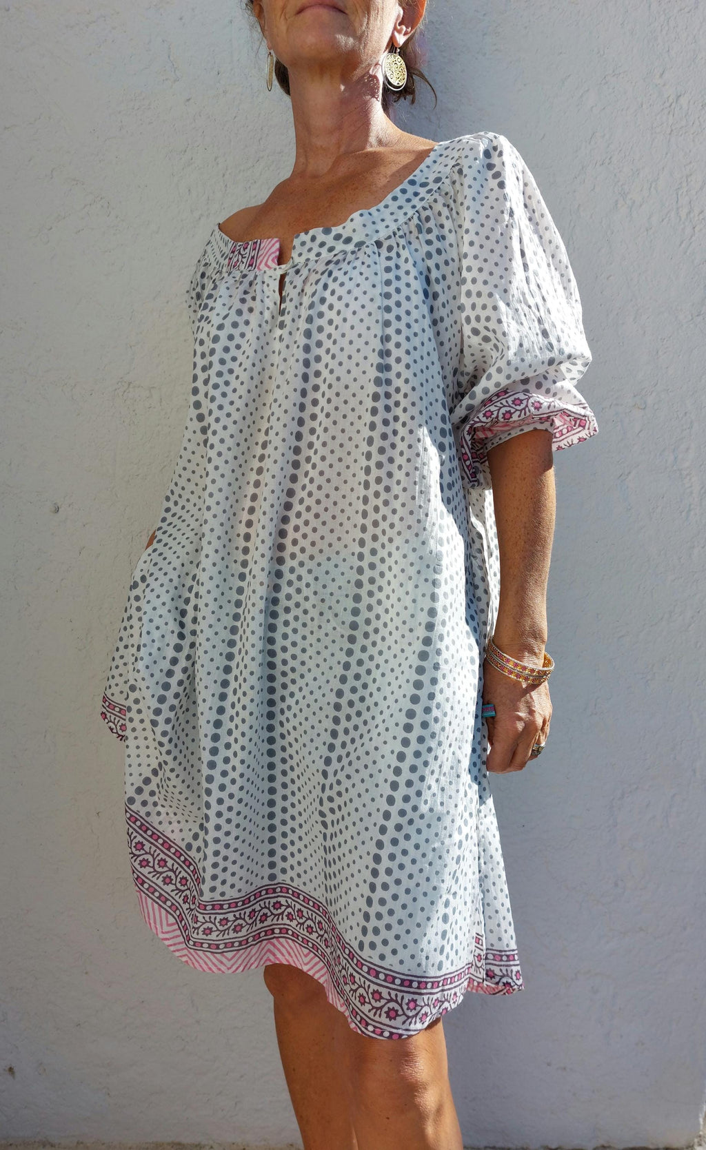 oversize tunic in soft cotton,white and grey dots pattern