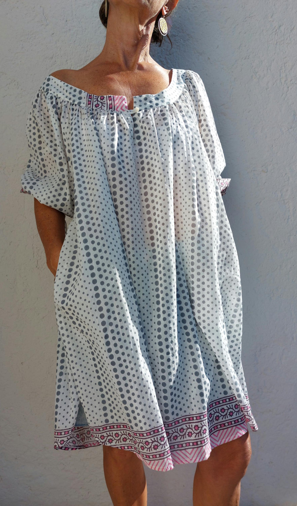 oversize tunic in soft cotton,white and grey dots pattern