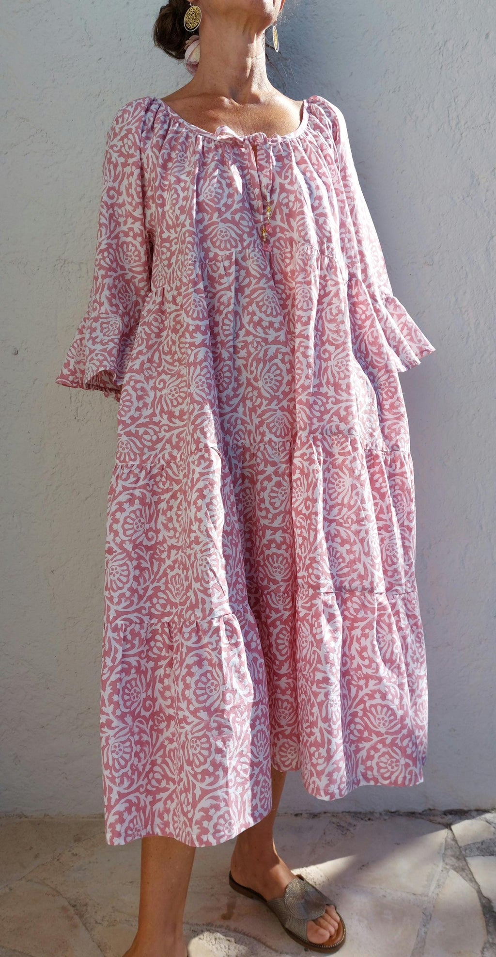 pink ruffled midi dress in cotton