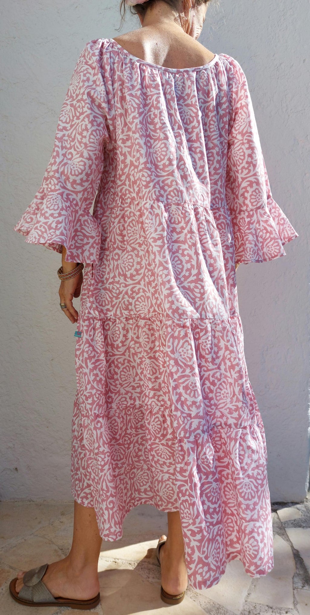 pink ruffled midi dress in cotton
