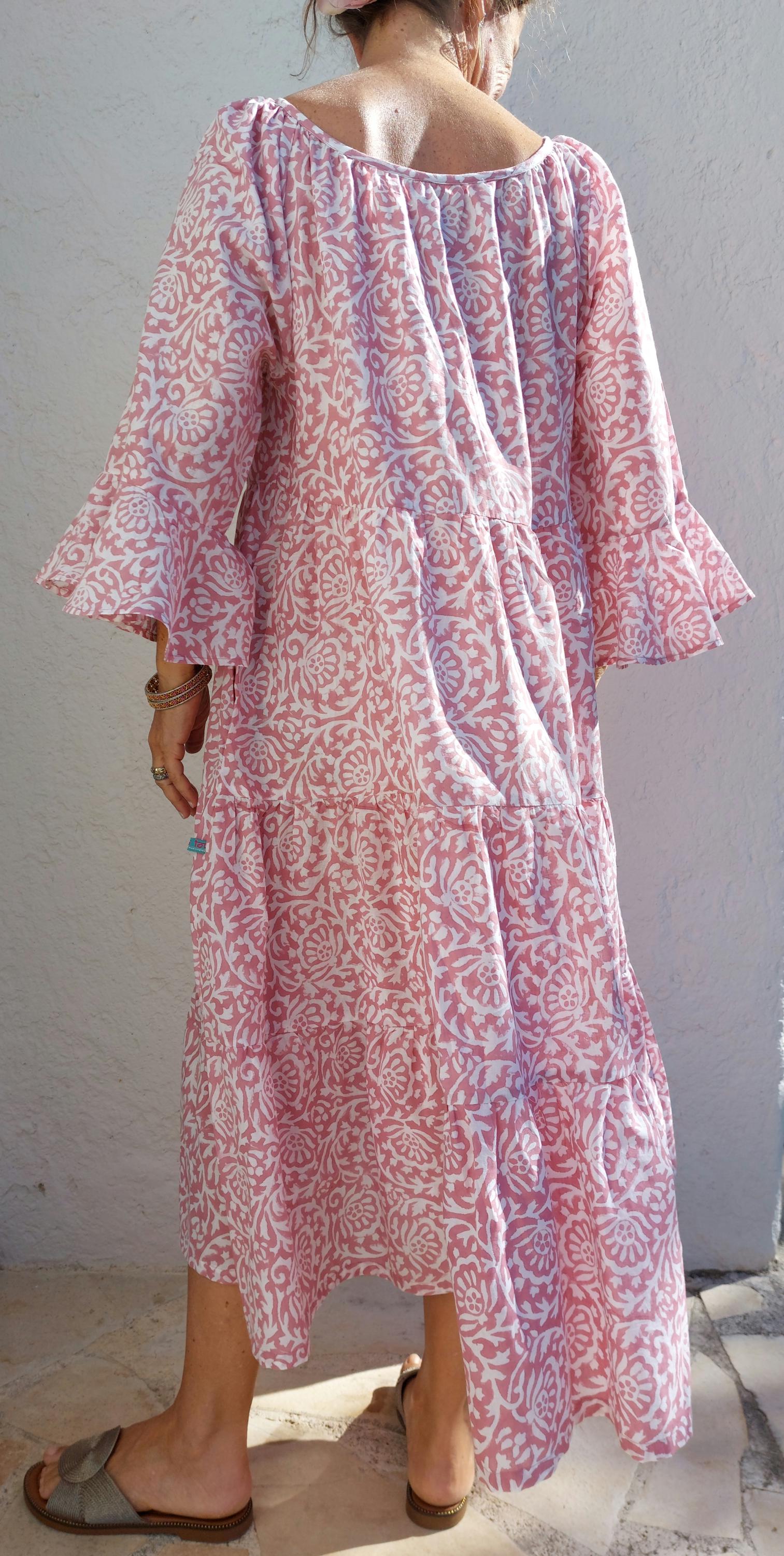 pink ruffled midi dress in cotton