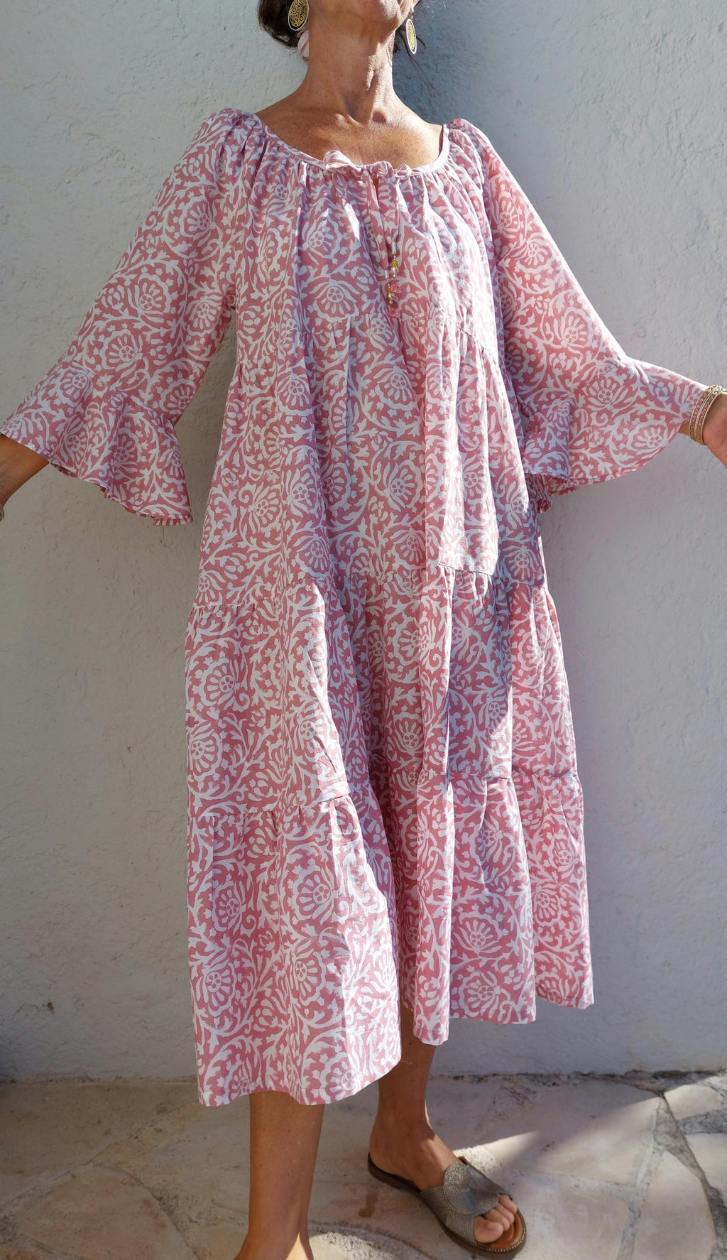 pink ruffled midi dress in cotton