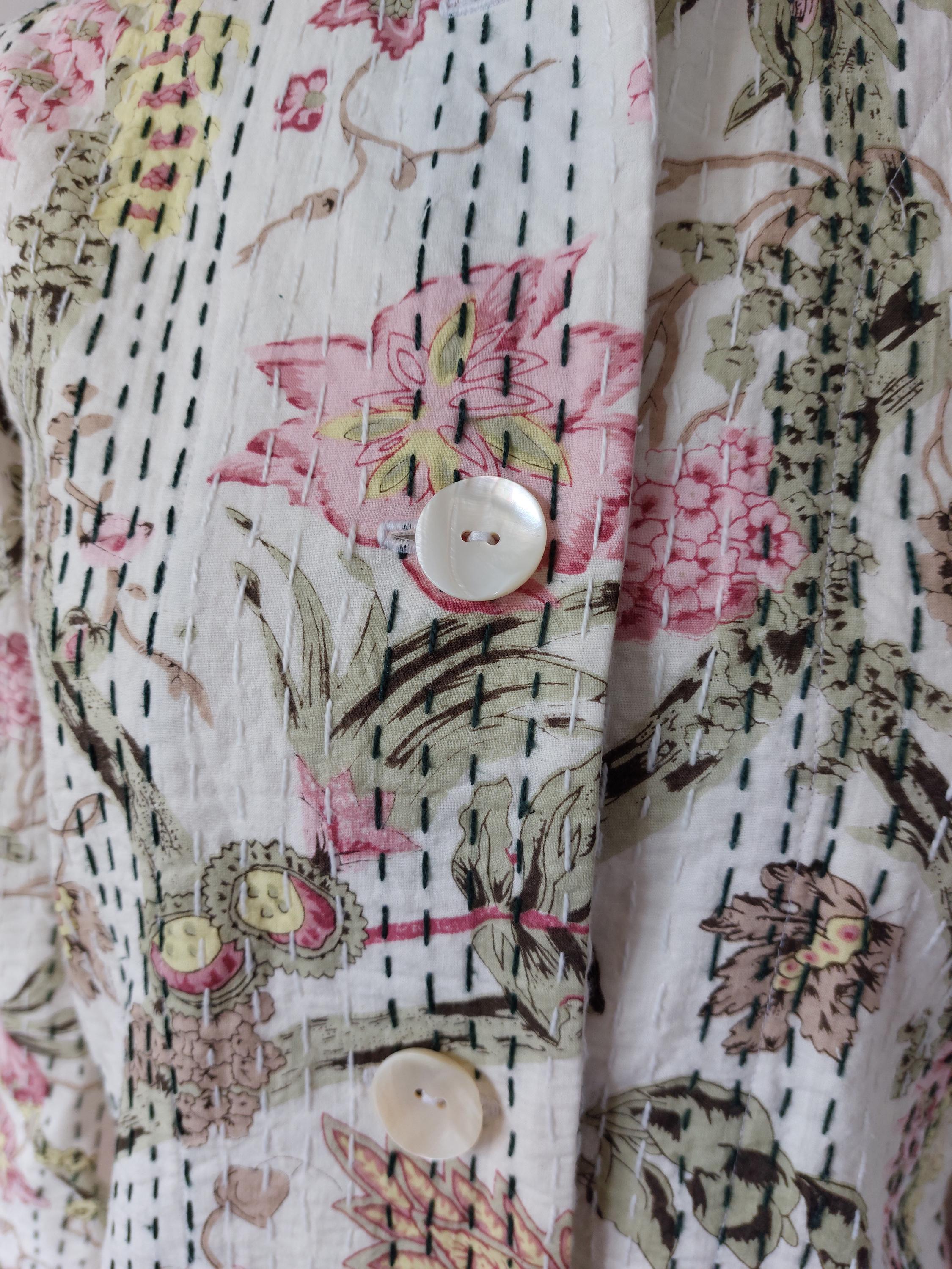 frock coat in cotton not quilted,off white color,floral pattern,pink hydrangea print,shell buttons,boheme and chic outfit, hand embroidery
