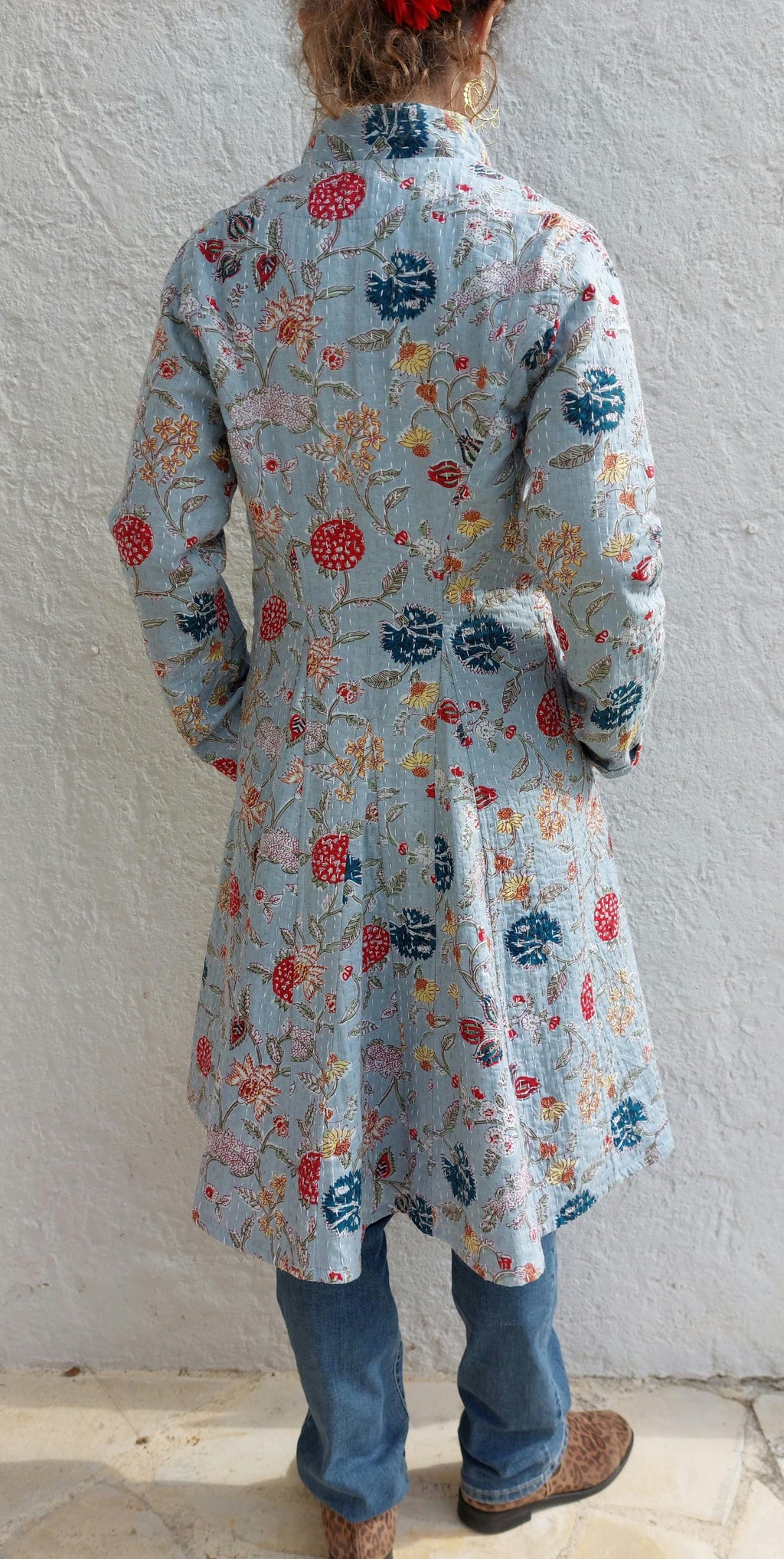 frock coat in cotton not quilted, mid-season jacket, blue-grey color and multicolor floral print, boheme and chic outfit, limited series