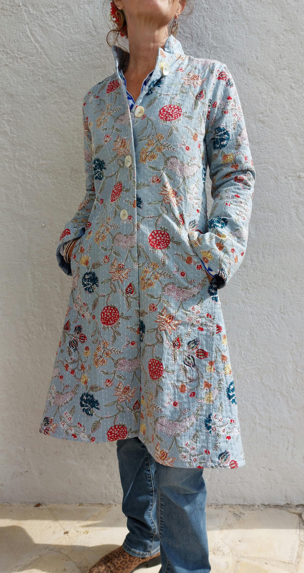 frock coat in cotton not quilted, mid-season jacket, blue-grey color and multicolor floral print, boheme and chic outfit, limited series