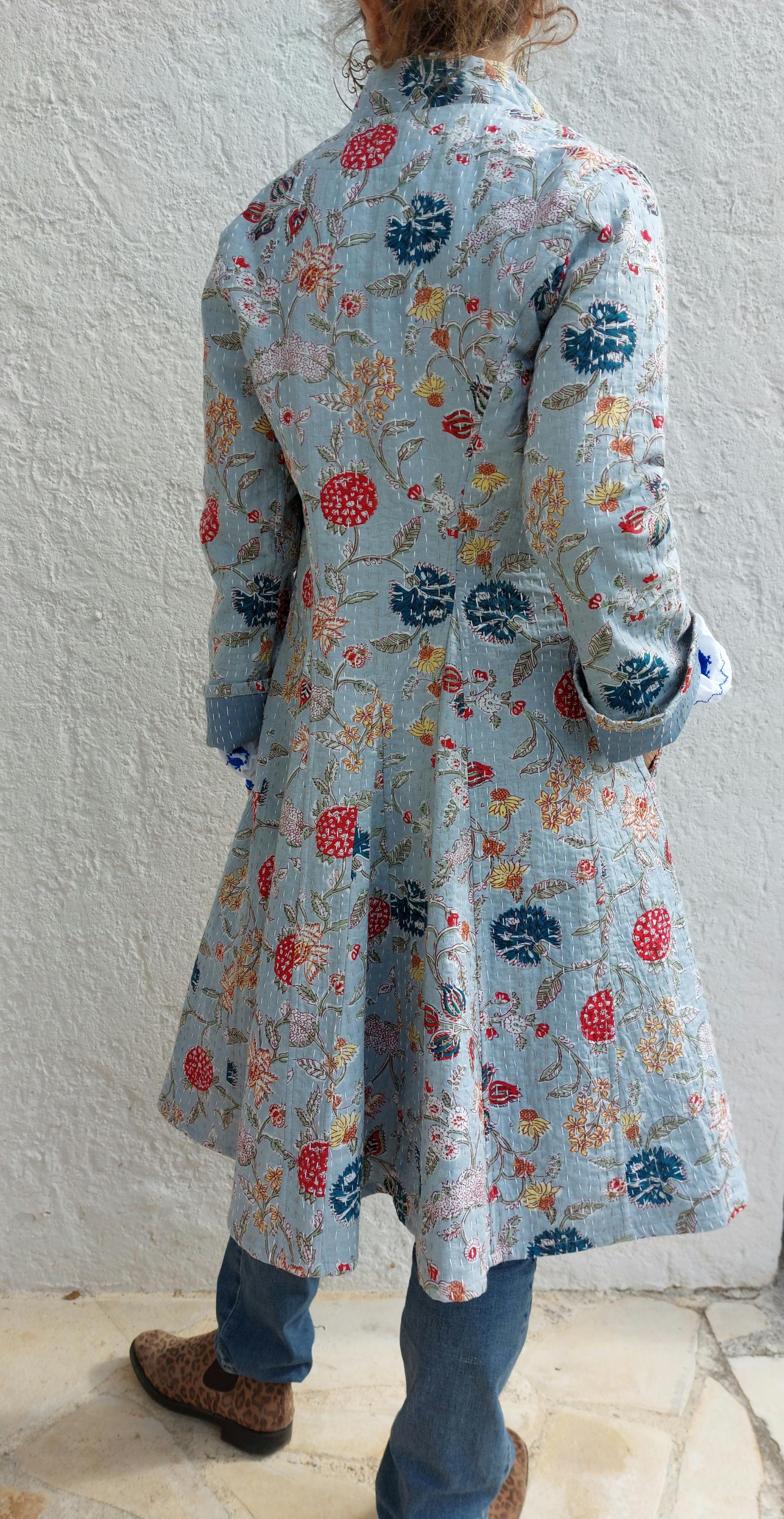 frock coat in cotton not quilted, mid-season jacket, blue-grey color and multicolor floral print, boheme and chic outfit, limited series
