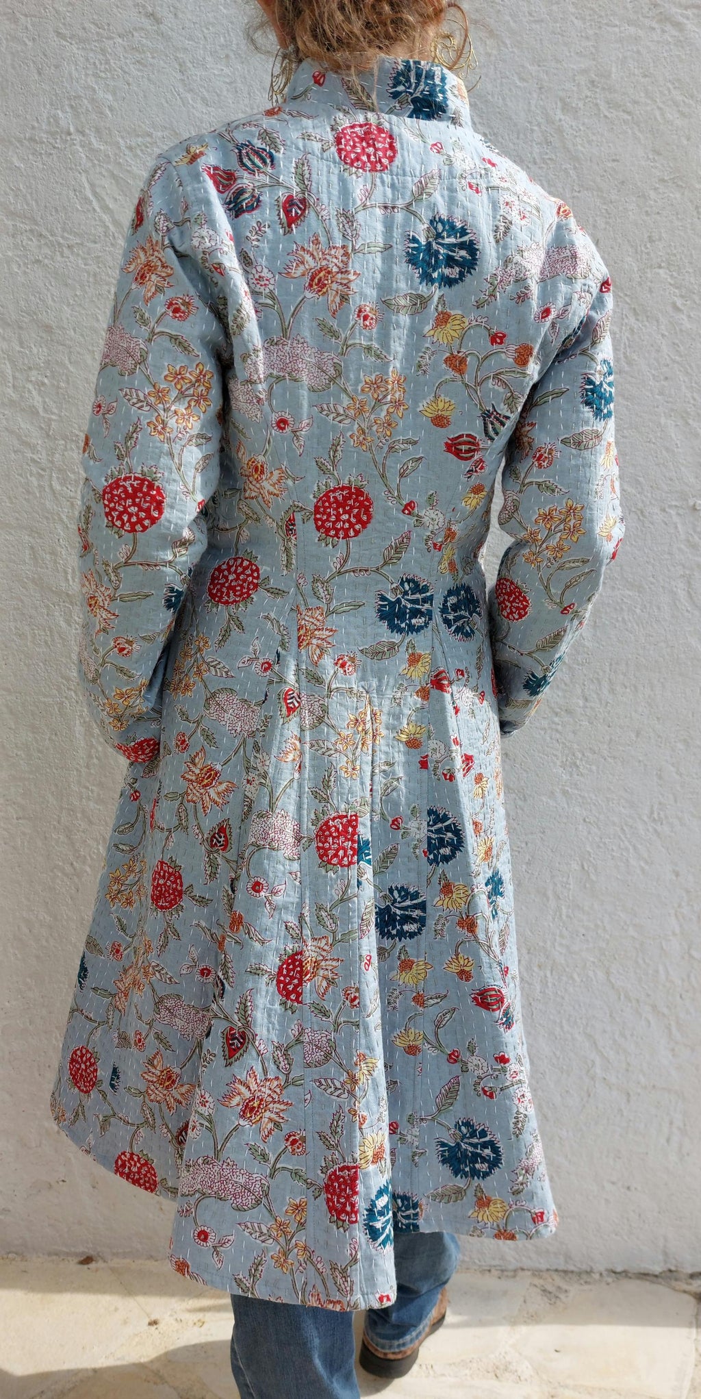 frock coat in cotton not quilted, mid-season jacket, blue-grey color and multicolor floral print, boheme and chic outfit, limited series