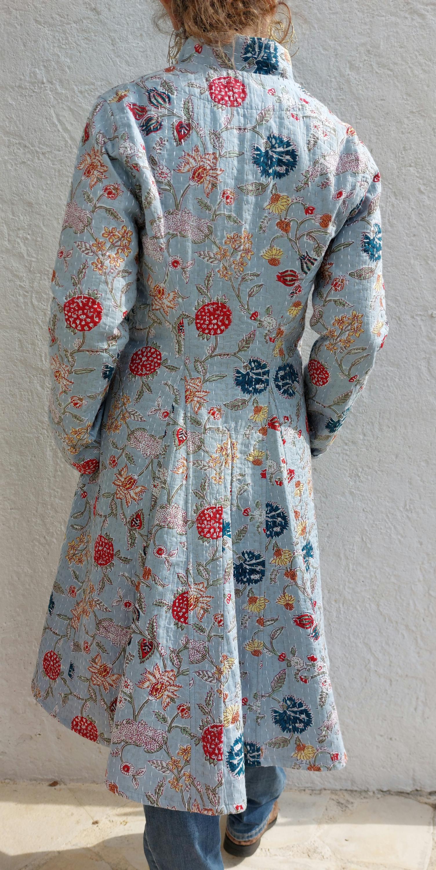 frock coat in cotton not quilted, mid-season jacket, blue-grey color and multicolor floral print, boheme and chic outfit, limited series