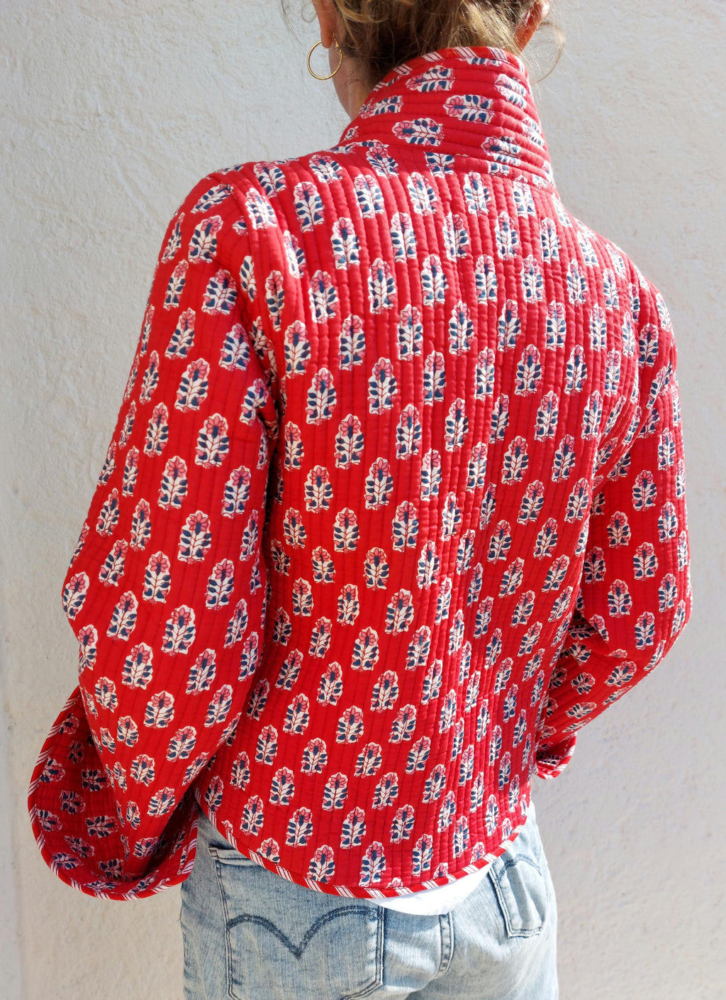 reversible crossed jacket in quilted cotton,red color print and red stripes inside,winter jacket,long flared sleeves,hippiechic outerwear