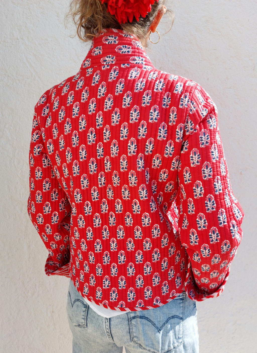 reversible crossed jacket in quilted cotton,red color print and red stripes inside,winter jacket,long flared sleeves,hippiechic outerwear
