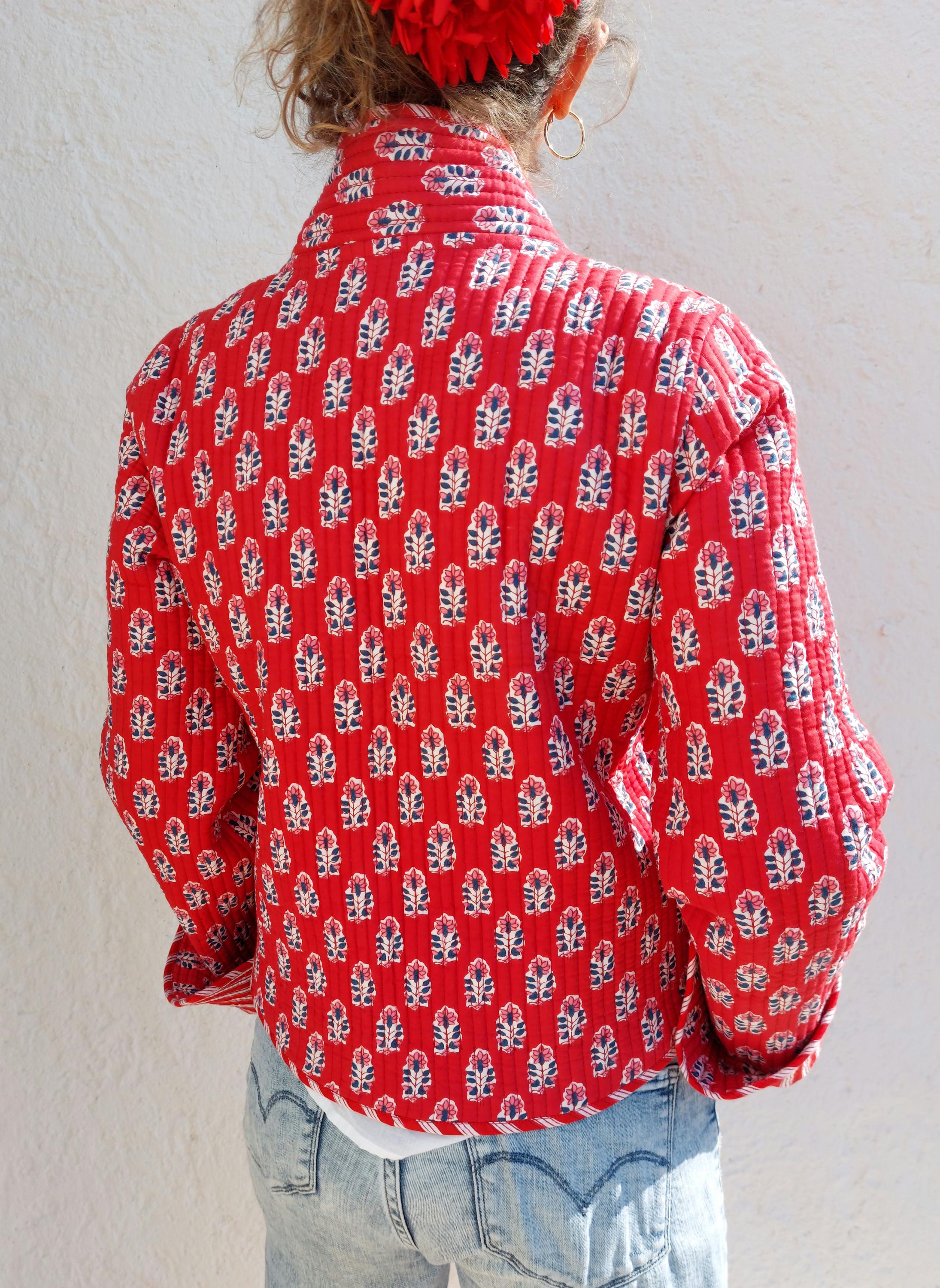 reversible crossed jacket in quilted cotton,red color print and red stripes inside,winter jacket,long flared sleeves,hippiechic outerwear