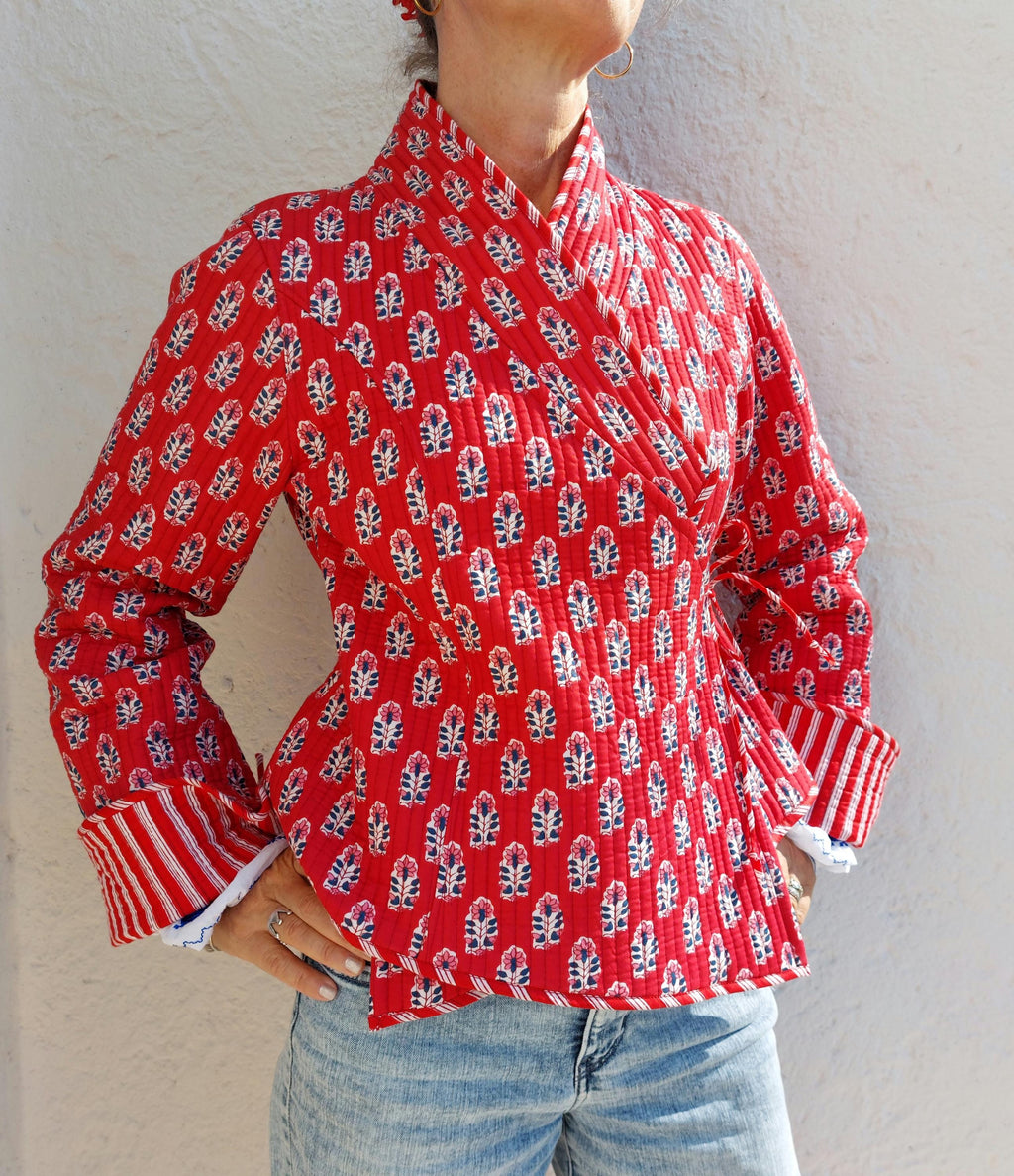 reversible crossed jacket in quilted cotton,red color print and red stripes inside,winter jacket,long flared sleeves,hippiechic outerwear