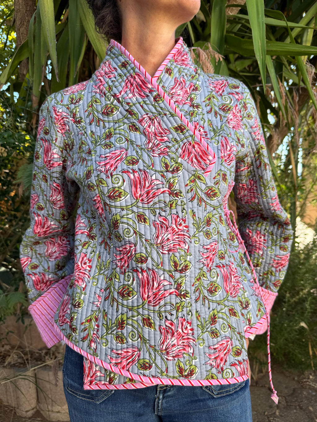 winter reversible crossed jacket in quilted cotton, grey and pink colors print and pink stripes,hippiechic crossed outerwear,flared sleeves