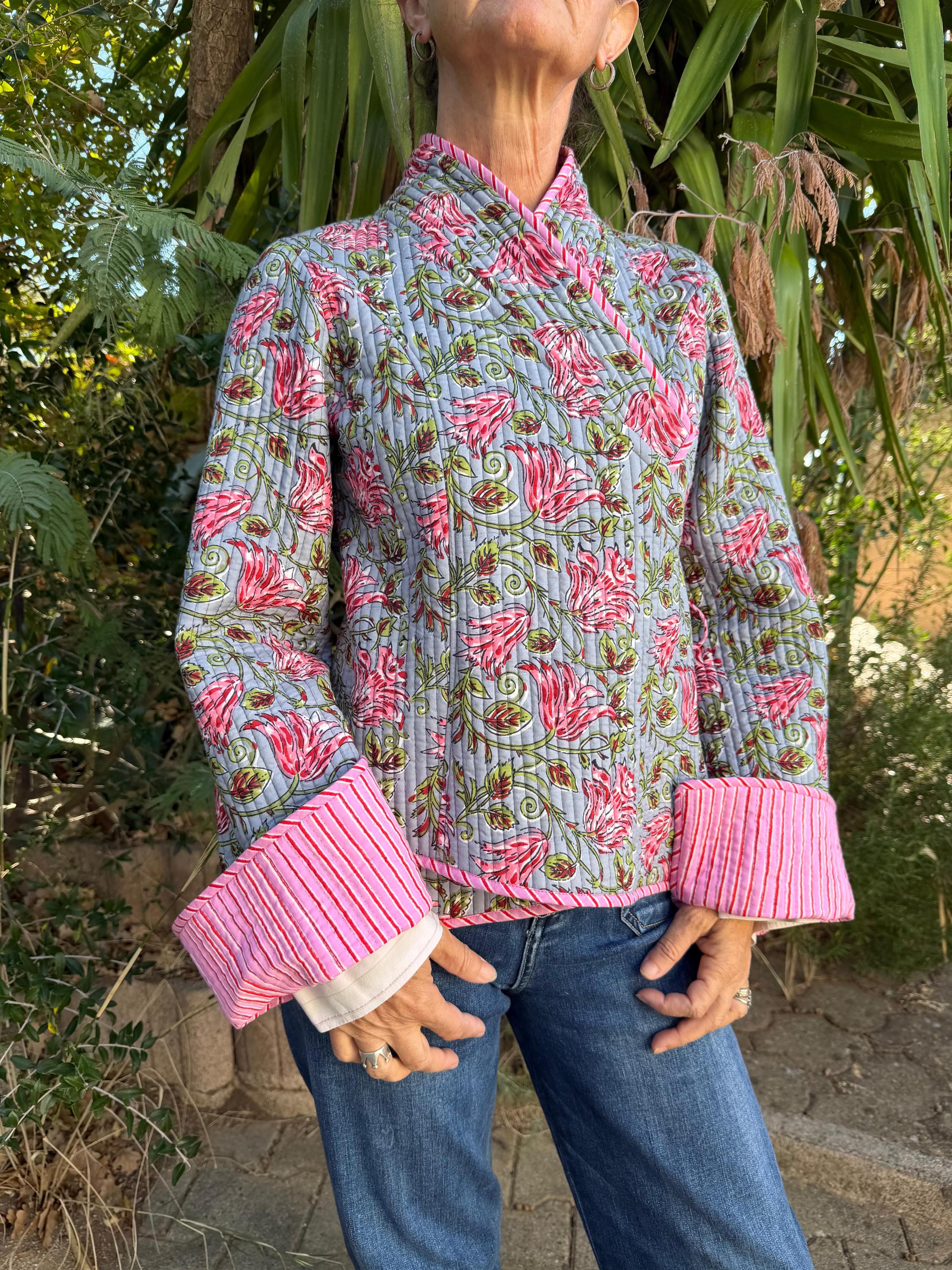winter reversible crossed jacket in quilted cotton, grey and pink colors print and pink stripes,hippiechic crossed outerwear,flared sleeves