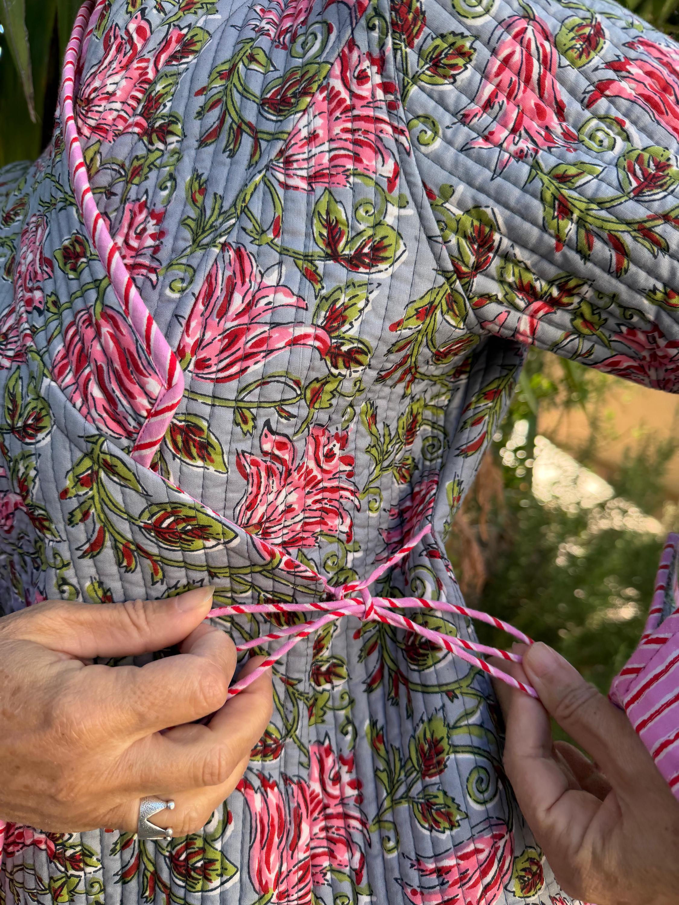 winter reversible crossed jacket in quilted cotton, grey and pink colors print and pink stripes,hippiechic crossed outerwear,flared sleeves