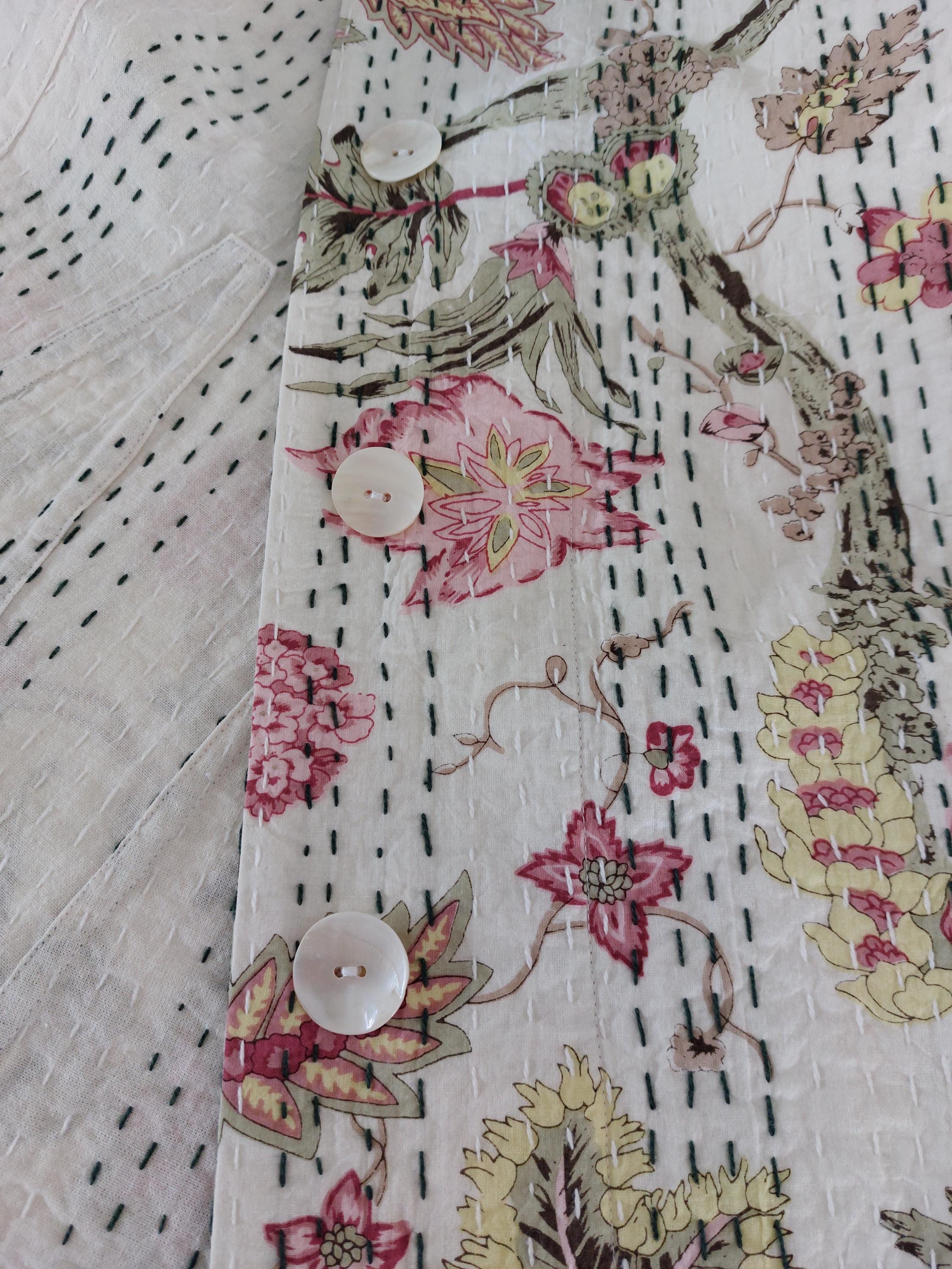 frock coat in cotton not quilted,off white color,floral pattern,pink hydrangea print,shell buttons,boheme and chic outfit, hand embroidery