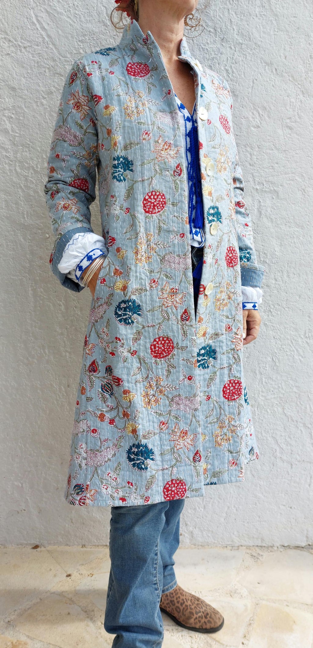 frock coat in cotton not quilted, mid-season jacket, blue-grey color and multicolor floral print, boheme and chic outfit, limited series