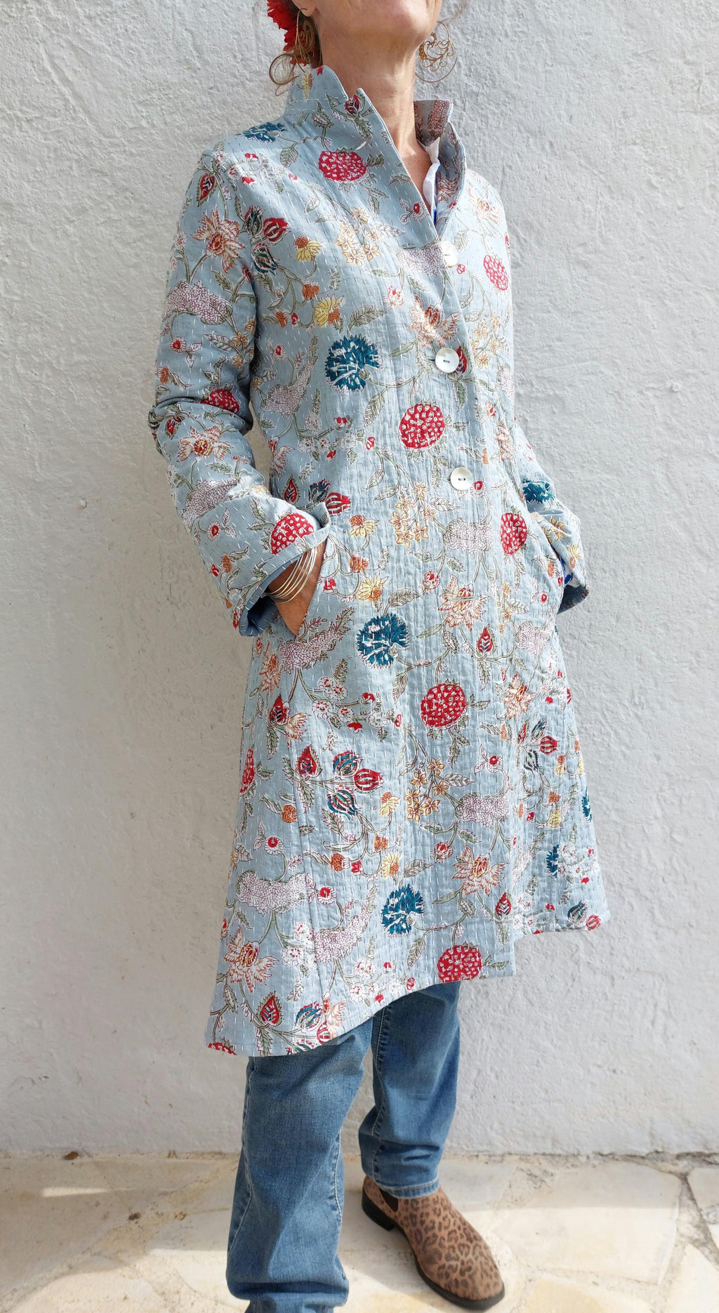 frock coat in cotton not quilted, mid-season jacket, blue-grey color and multicolor floral print, boheme and chic outfit, limited series