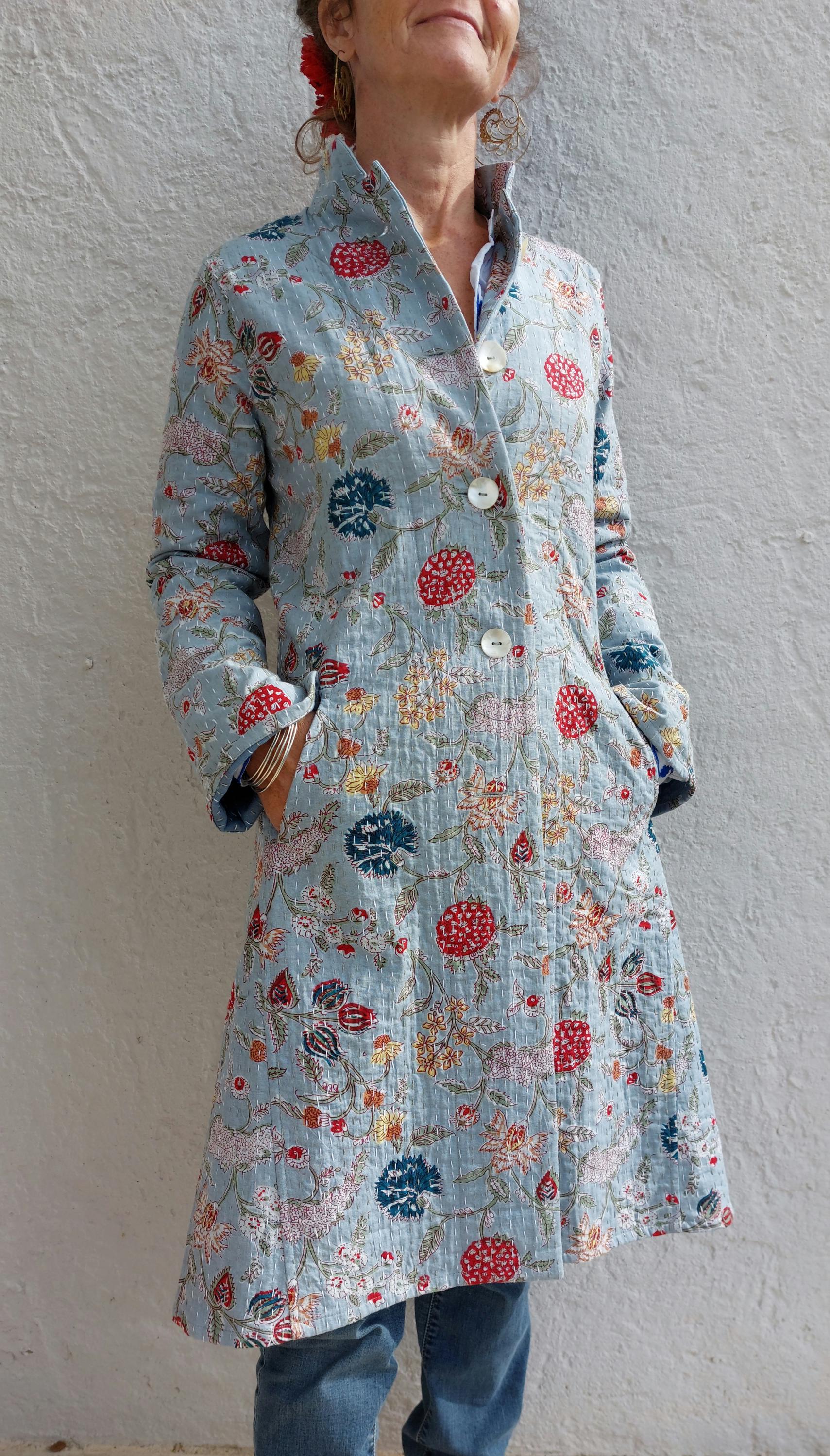 frock coat in cotton not quilted, mid-season jacket, blue-grey color and multicolor floral print, boheme and chic outfit, limited series