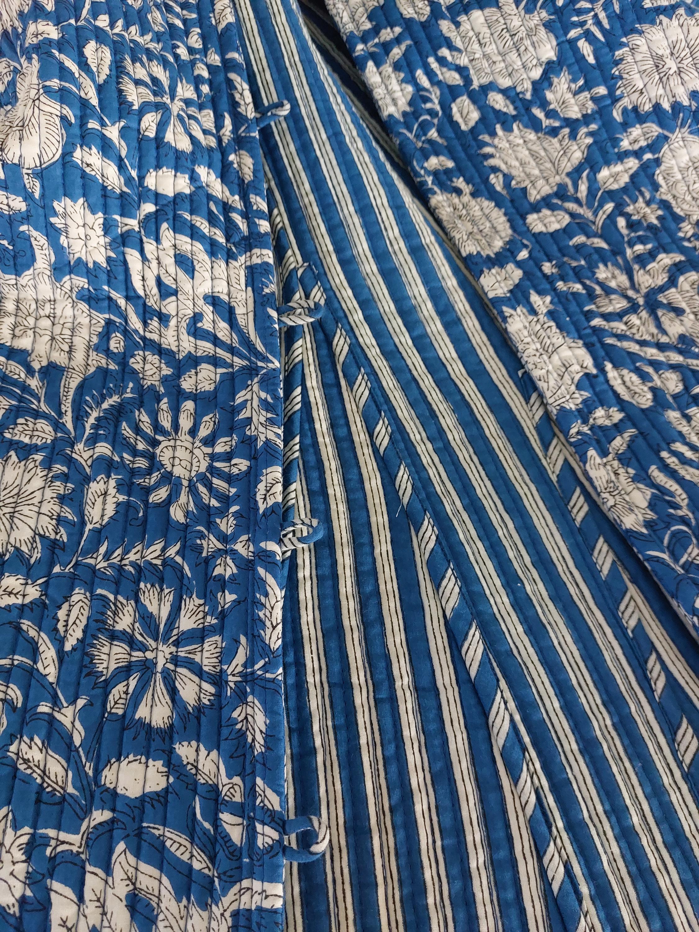 quilted cotton frock coat,blue floral printed cotton,blue stripes cotton inside,winter outfit,limited series, bohochic design,shell buttons