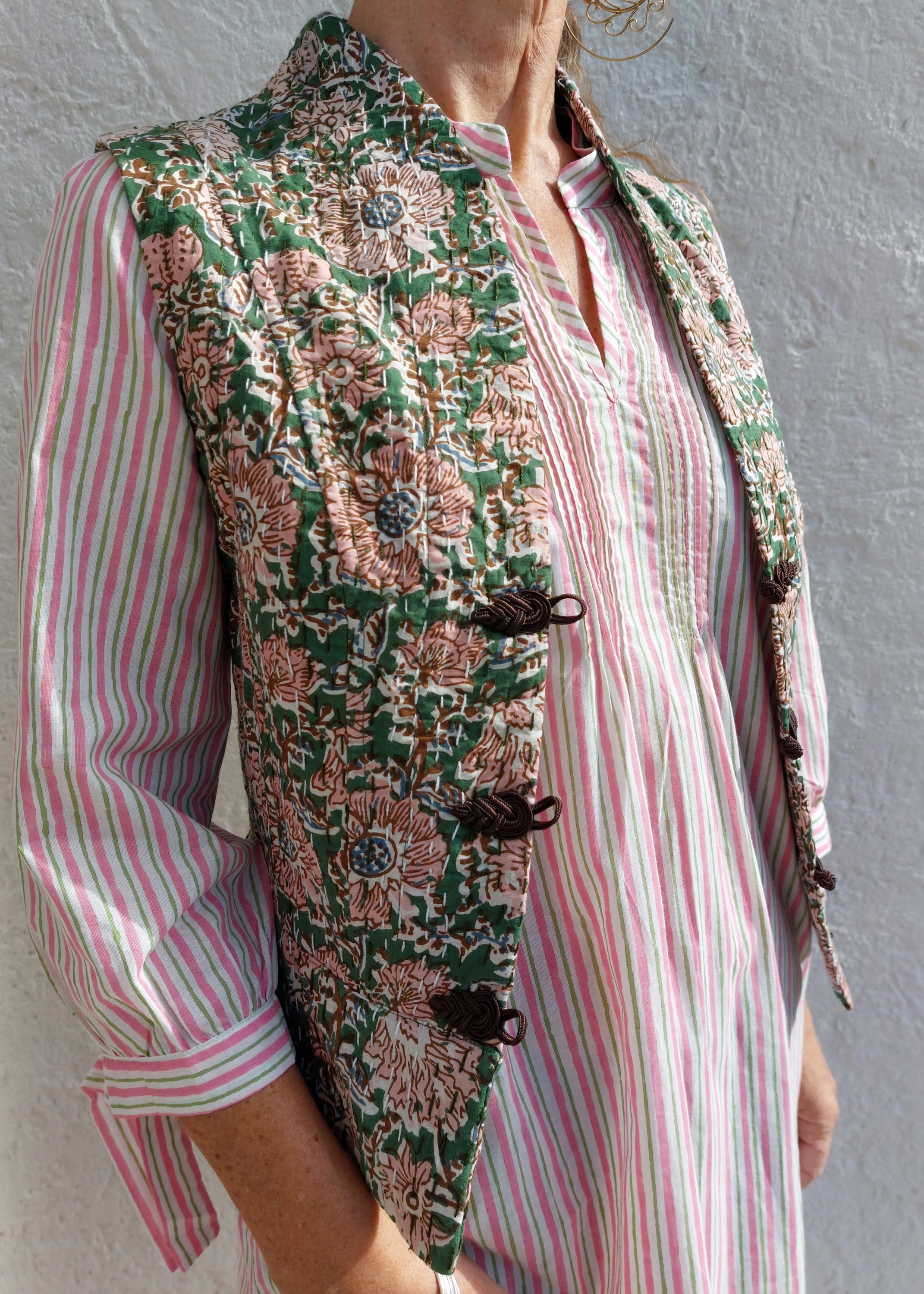 corset shape waistcoat in cotton not quilted,exclusive design,limited series,dark green & pink flowers pattern,brown brandeburg,hippie chic