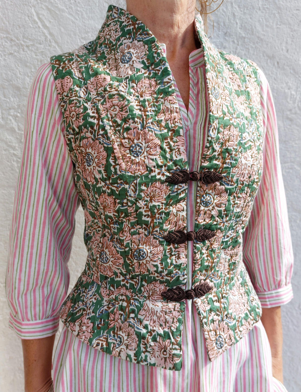 corset shape waistcoat in cotton not quilted,exclusive design,limited series,dark green & pink flowers pattern,brown brandeburg,hippie chic