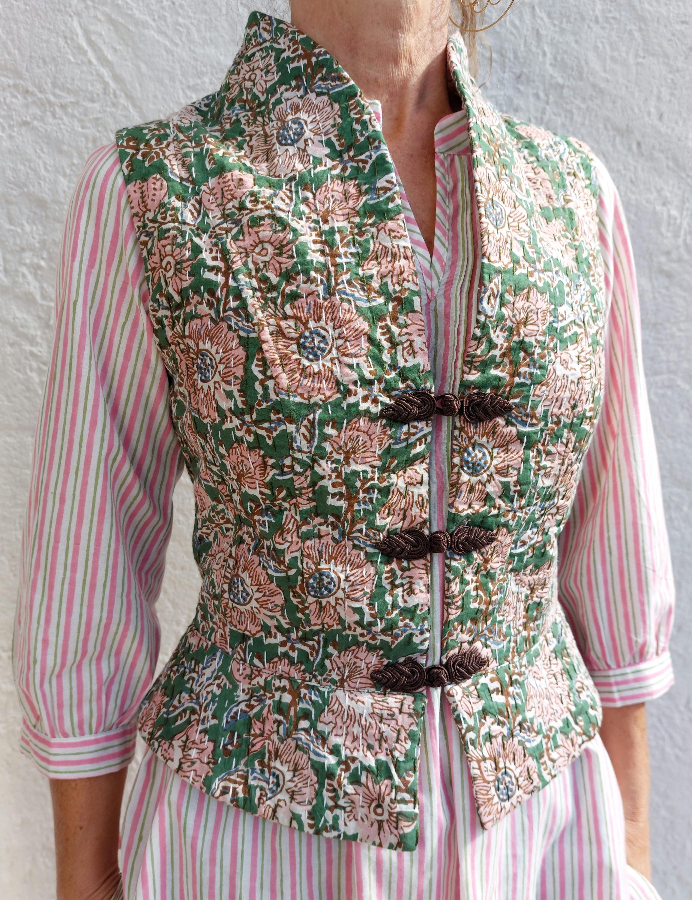 corset shape waistcoat in cotton not quilted,exclusive design,limited series,dark green & pink flowers pattern,brown brandeburg,hippie chic