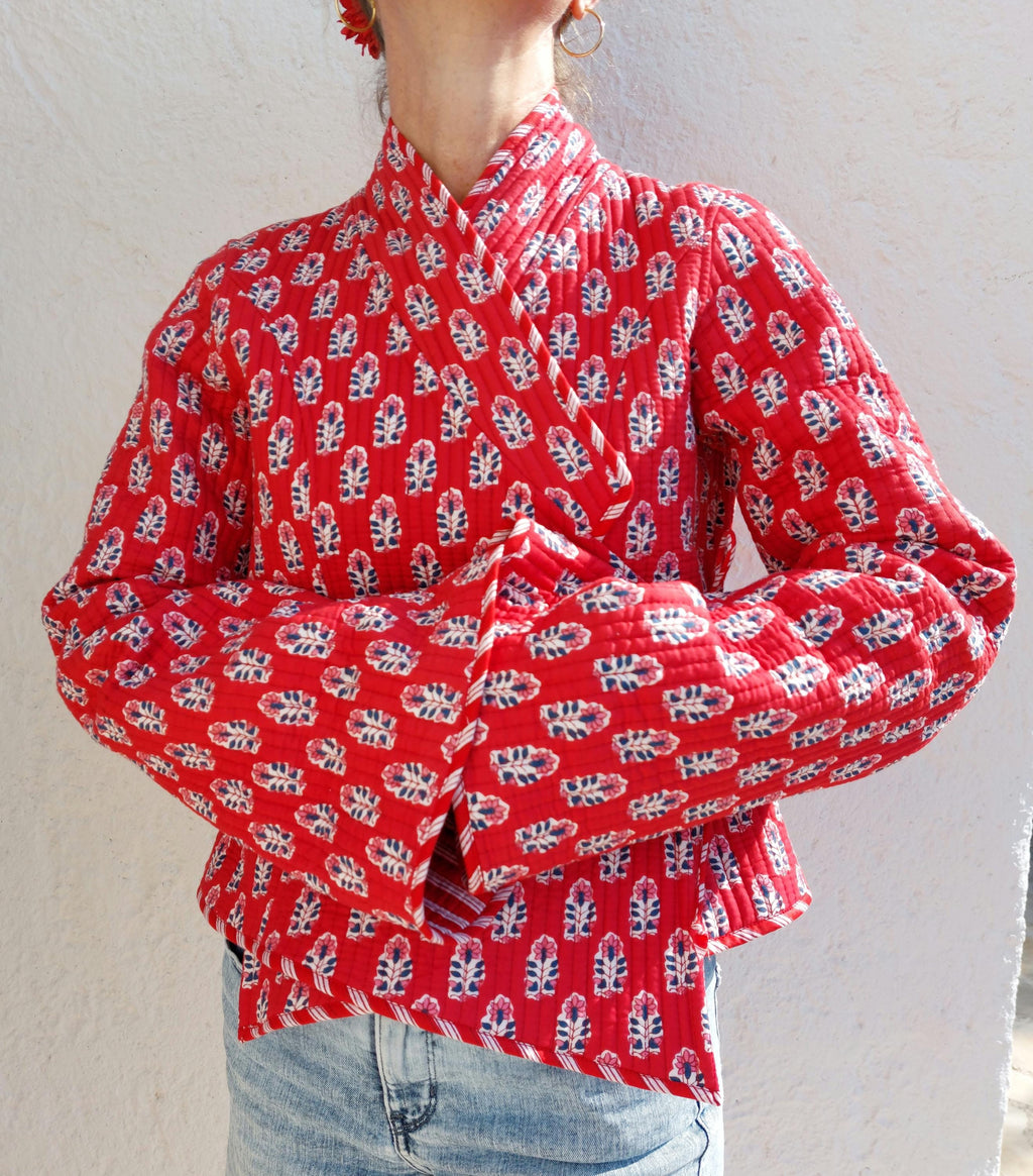 reversible crossed jacket in quilted cotton,red color print and red stripes inside,winter jacket,long flared sleeves,hippiechic outerwear