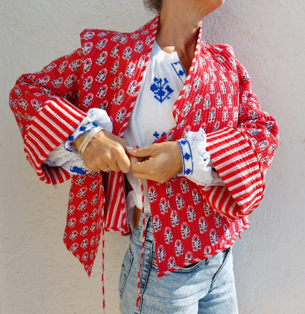 reversible crossed jacket in quilted cotton,red color print and red stripes inside,winter jacket,long flared sleeves,hippiechic outerwear