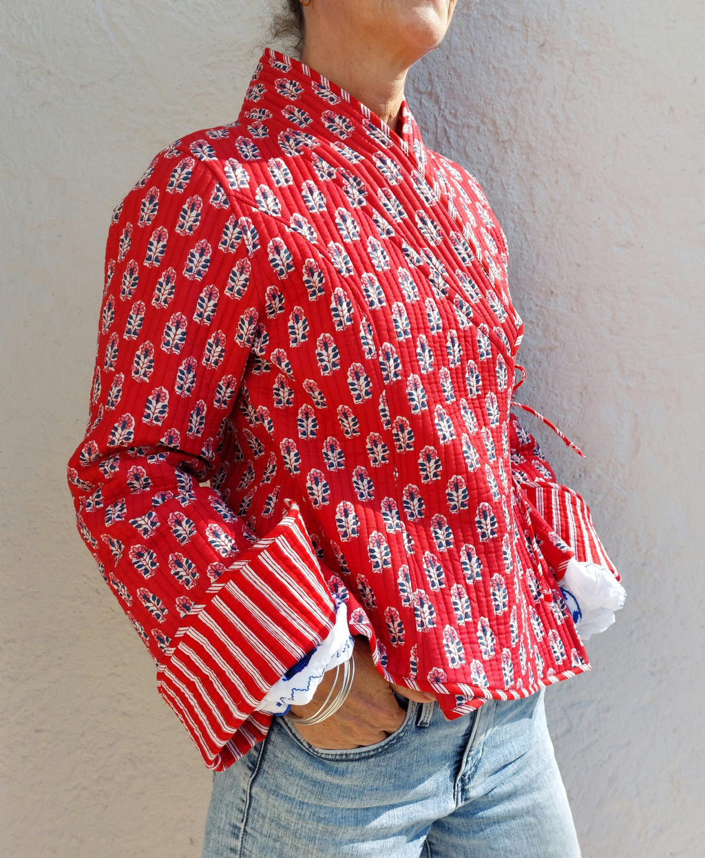 reversible crossed jacket in quilted cotton,red color print and red stripes inside,winter jacket,long flared sleeves,hippiechic outerwear
